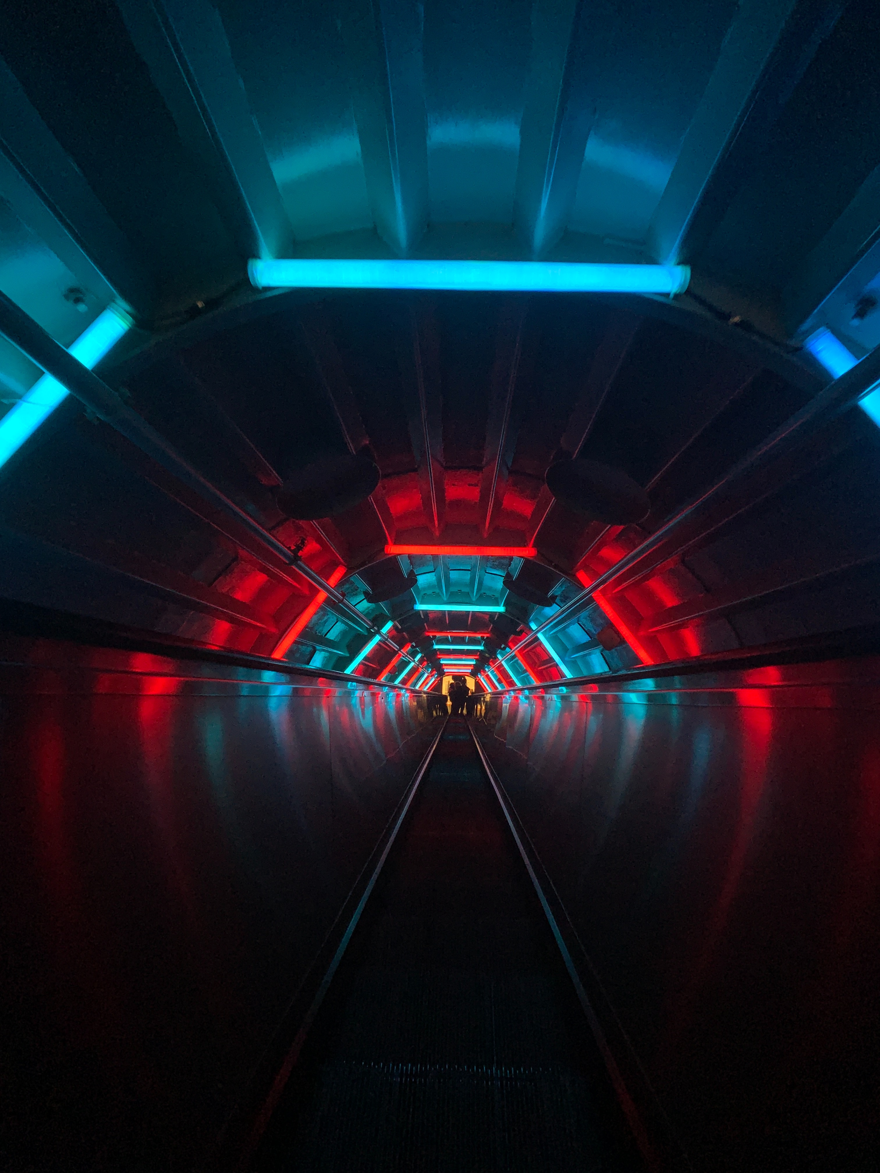 neon, blue, red, dark, tunnel, escalator