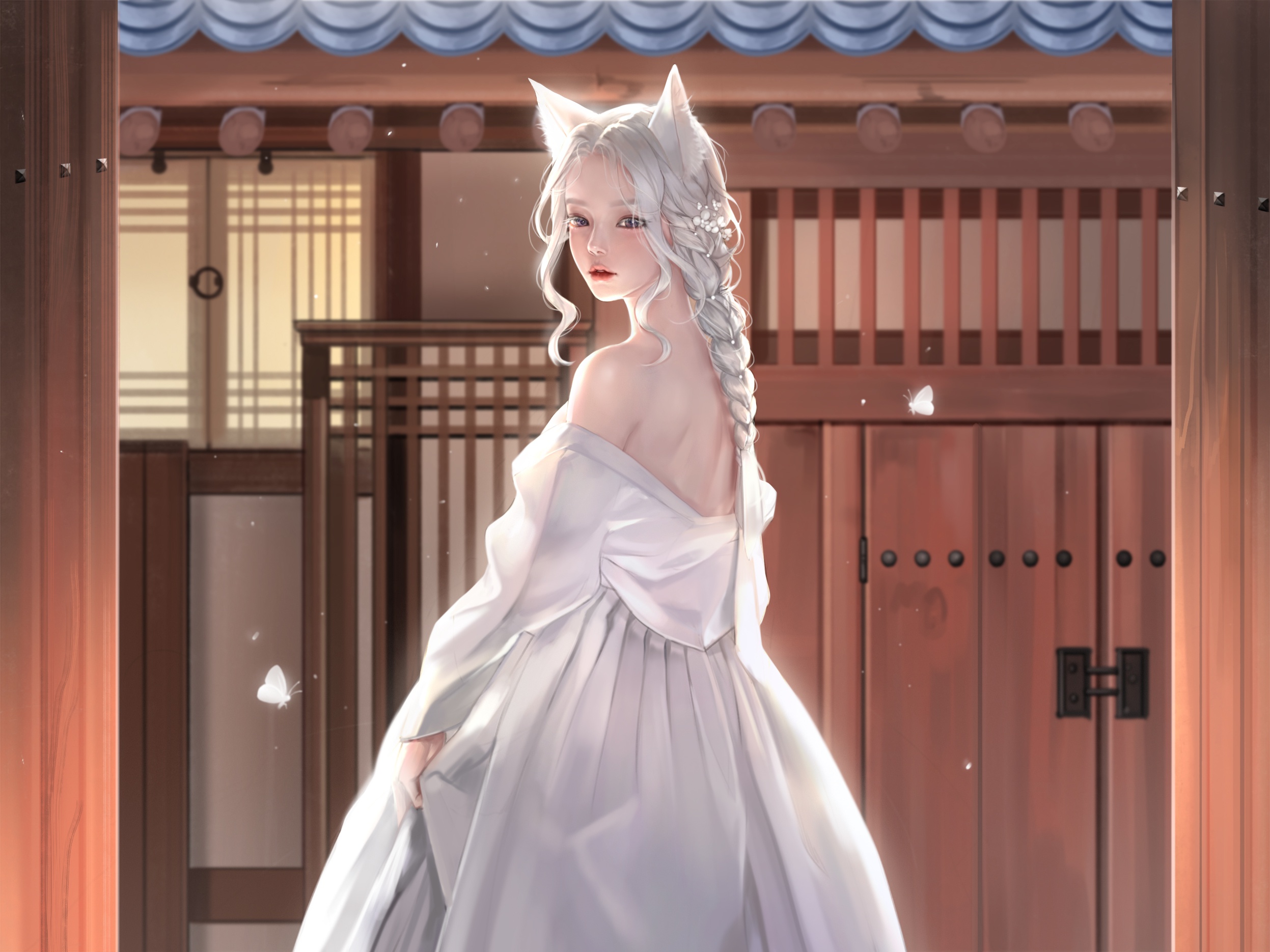 Девушка с белыми волосами в платье