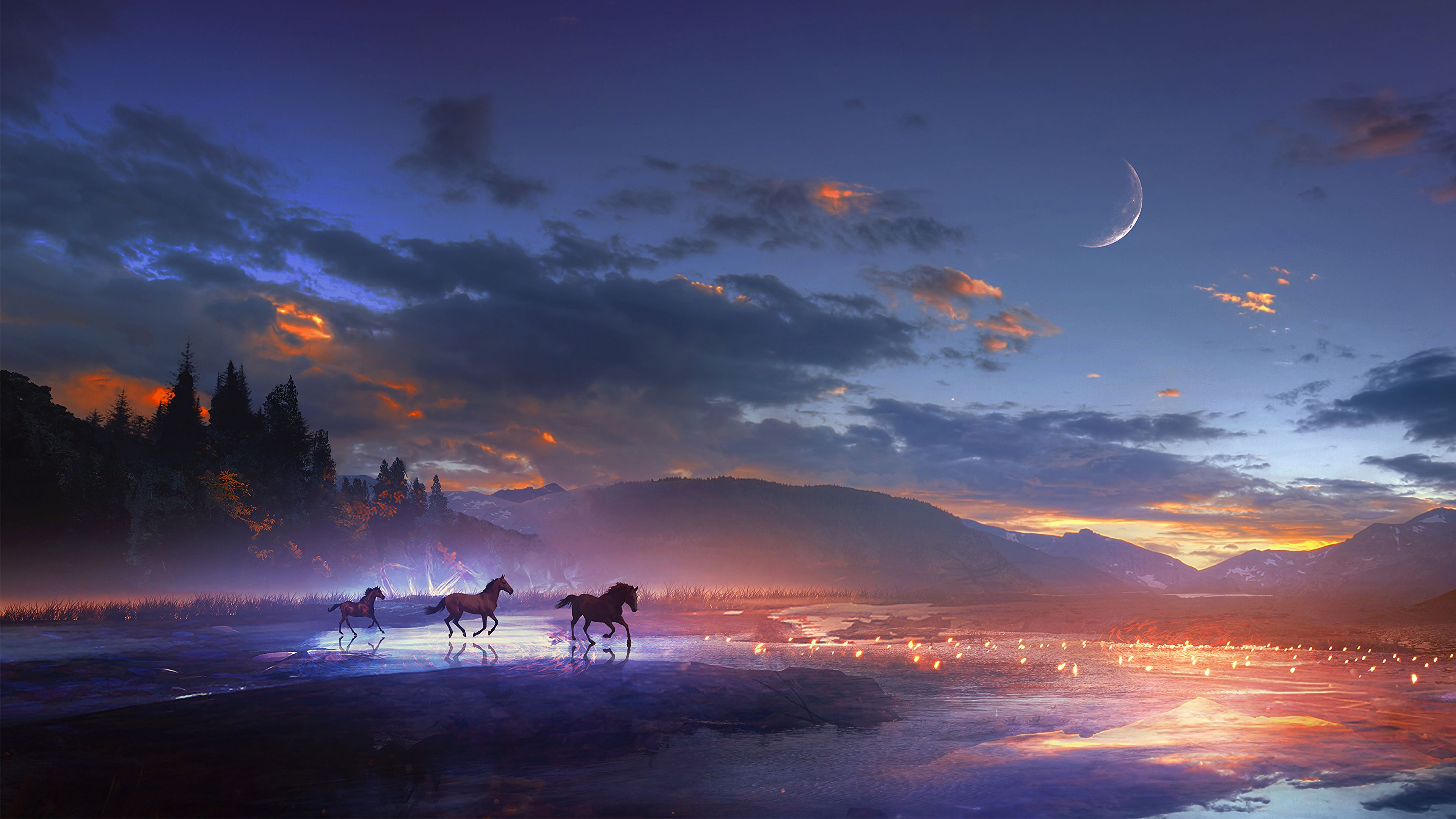 horses, art, night, shine, brilliance phone background