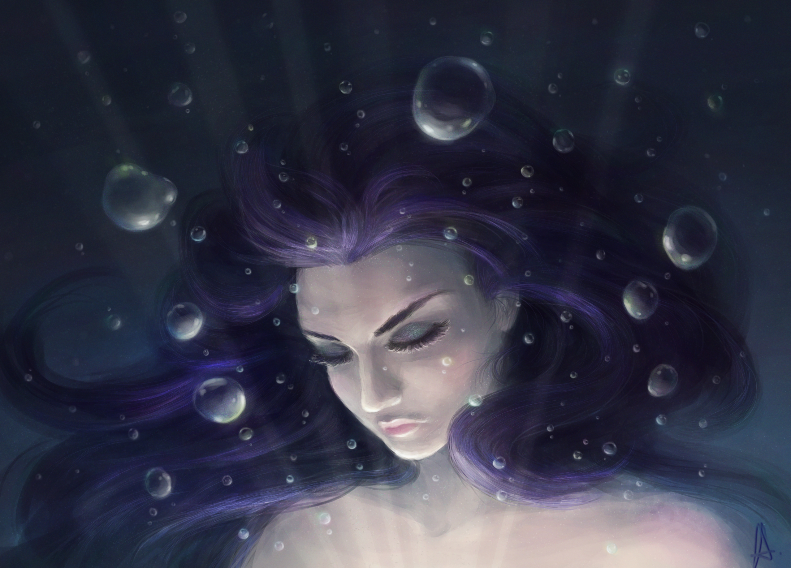 android under water, bubbles, art, girl, hair, face, underwater