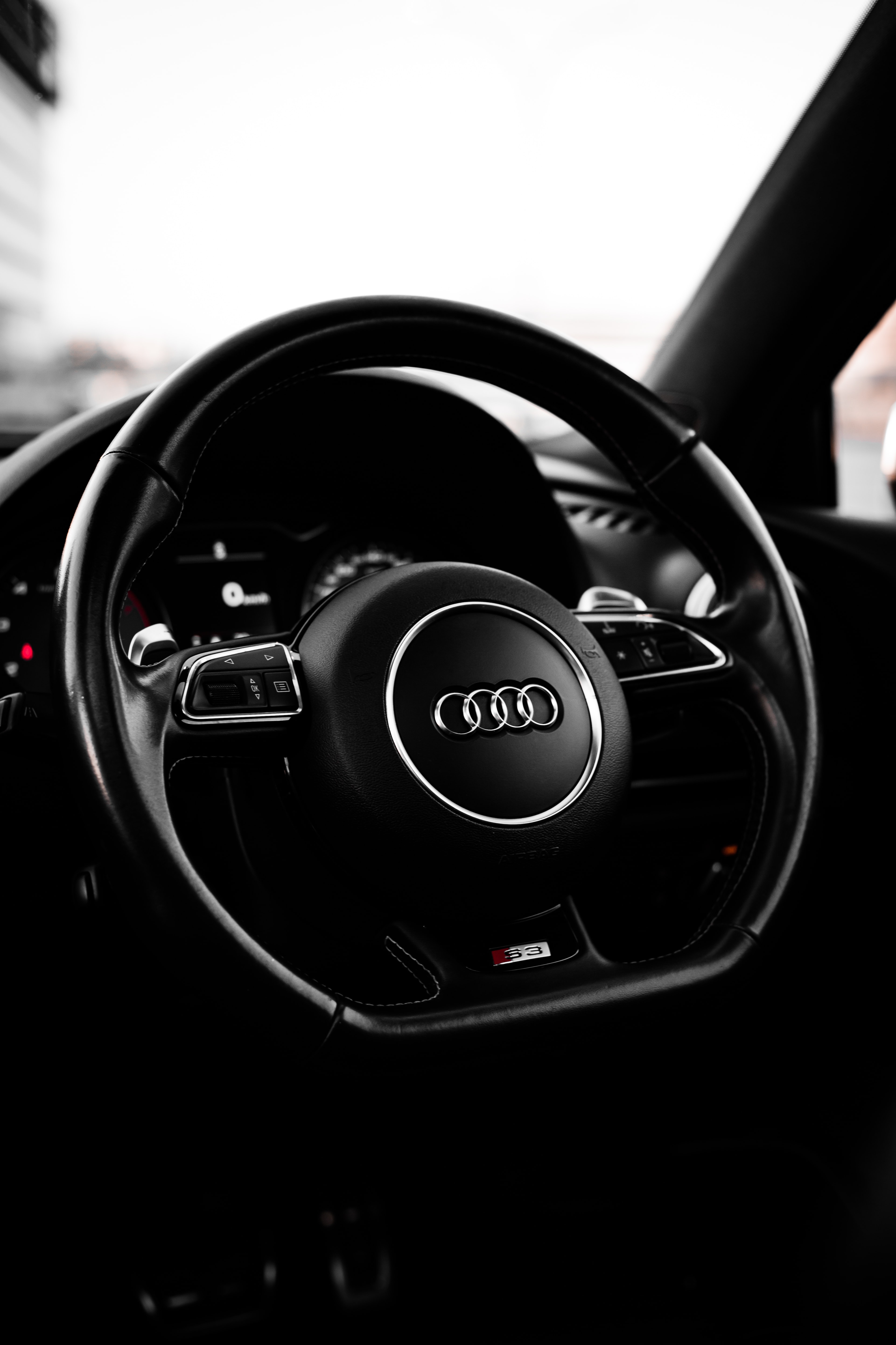 HD wallpaper audi, black, cars, car, steering wheel, rudder