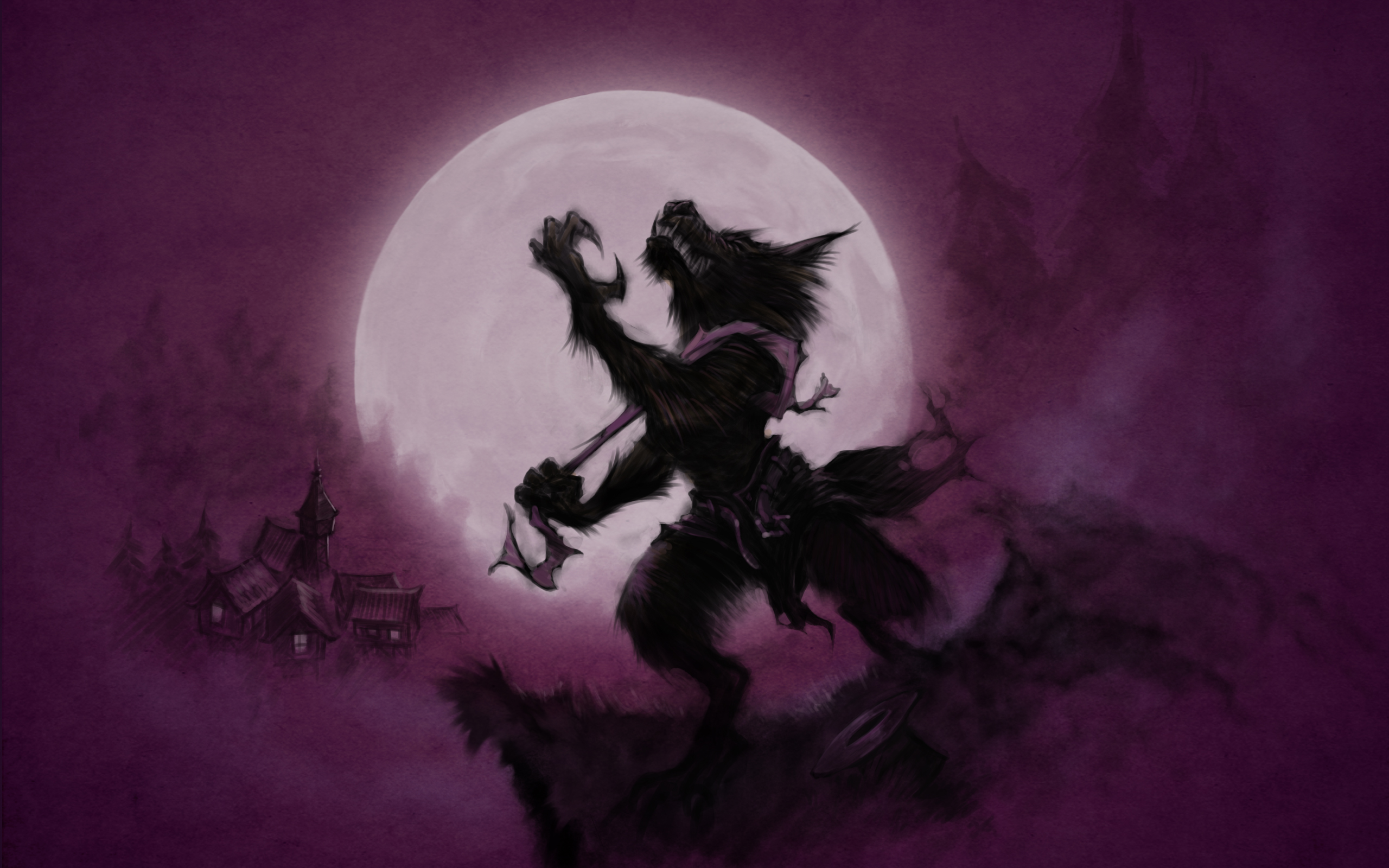 moon, village, werewolf, fantasy, dark phone background