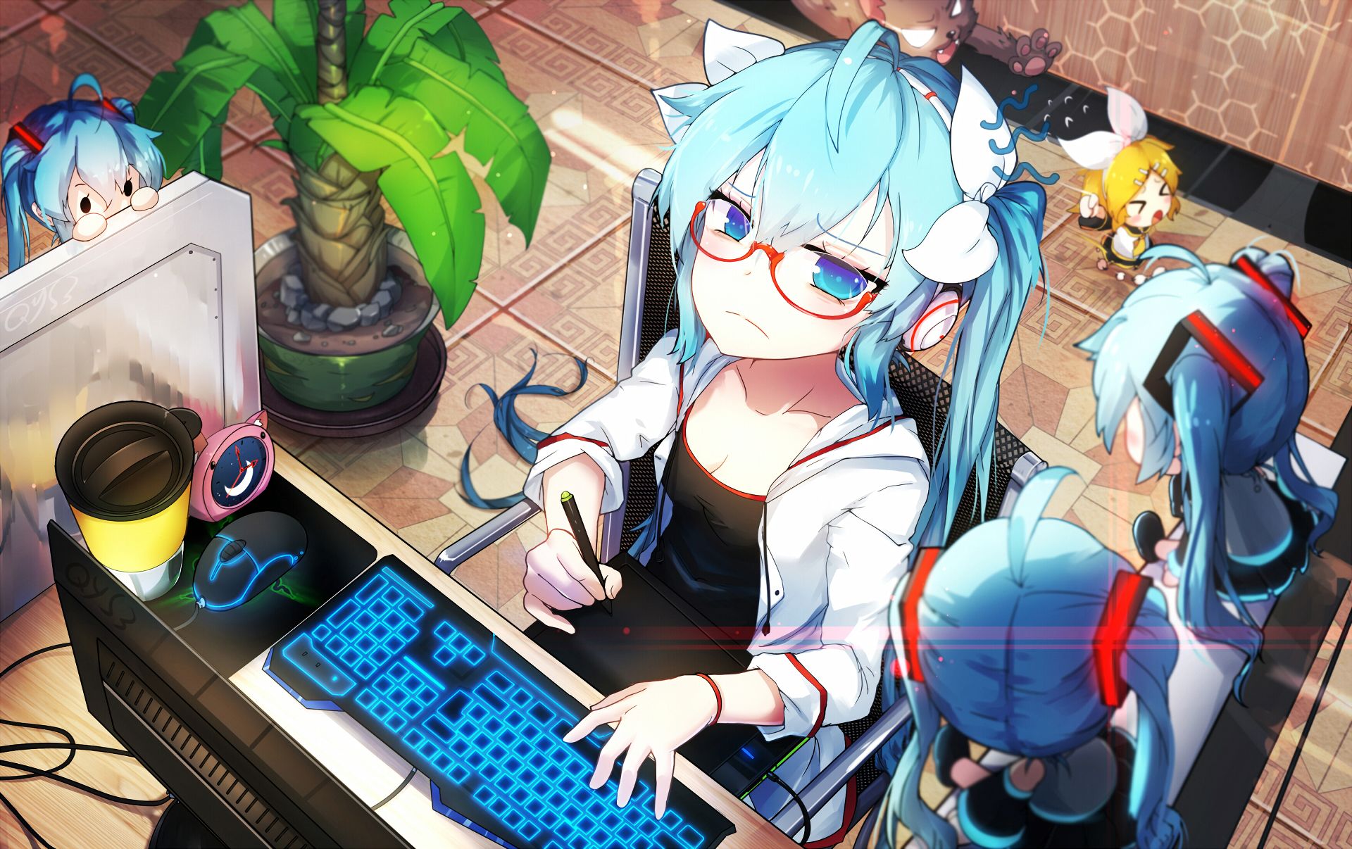 computer, anime, hatsune miku, headphones, vocaloid, aqua eyes, aqua hair, chibi, glasses, plant, twintails QHD