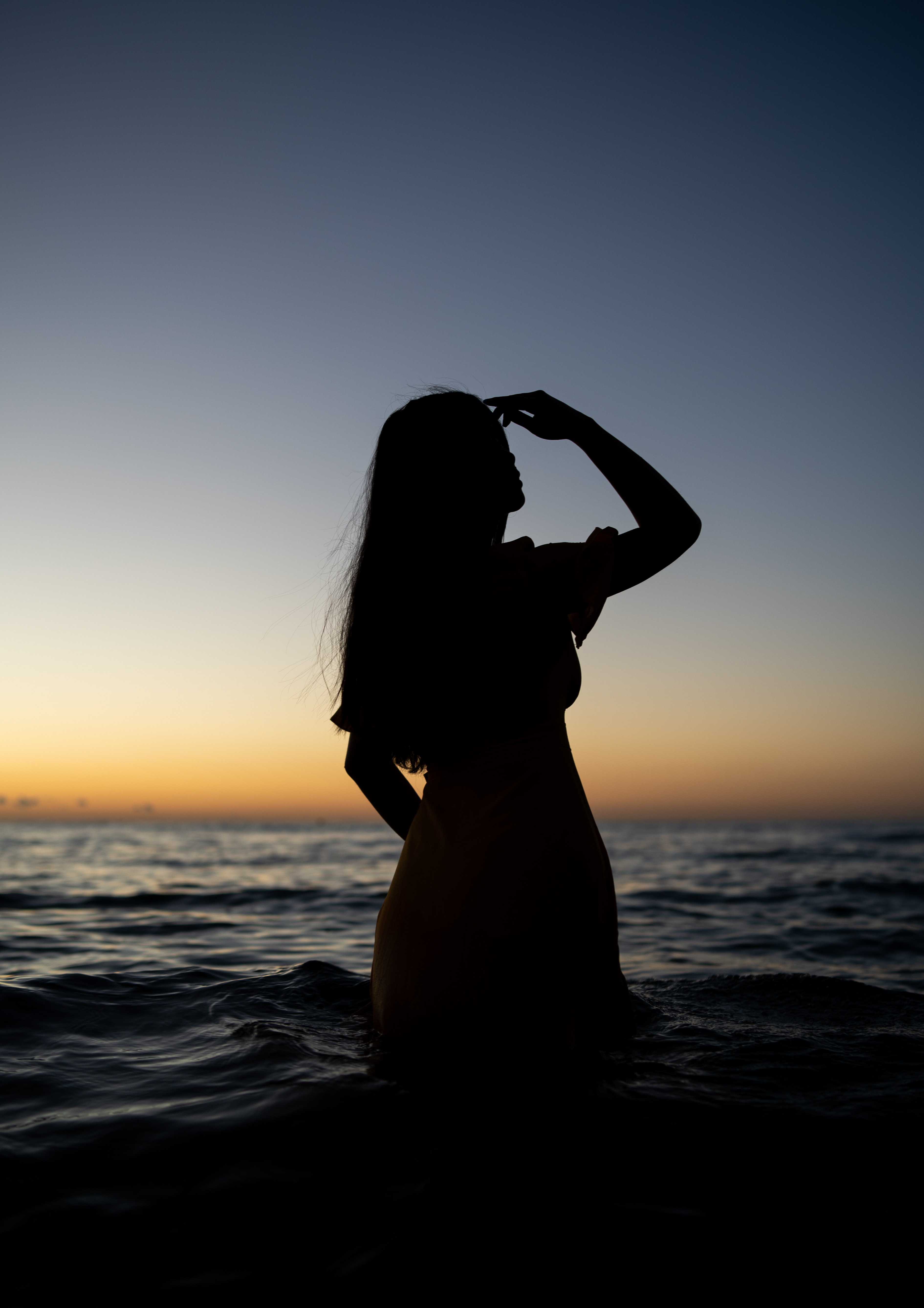 girl, dark, water, sea, silhouette UHD