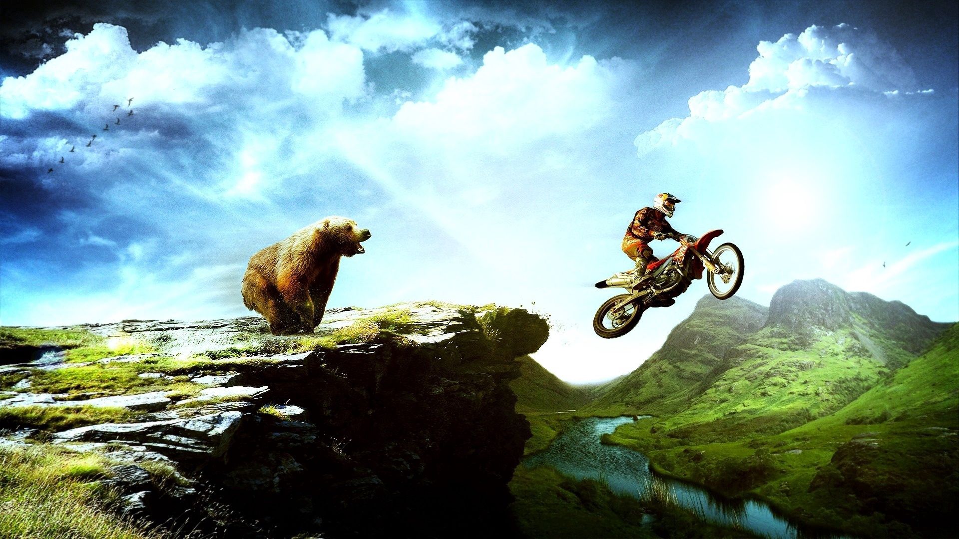 Laden Sie das Landschaft, Kunst, Mountains, Bär, Motorradfahrer-Bild kostenlos auf Ihren PC-Desktop herunter
