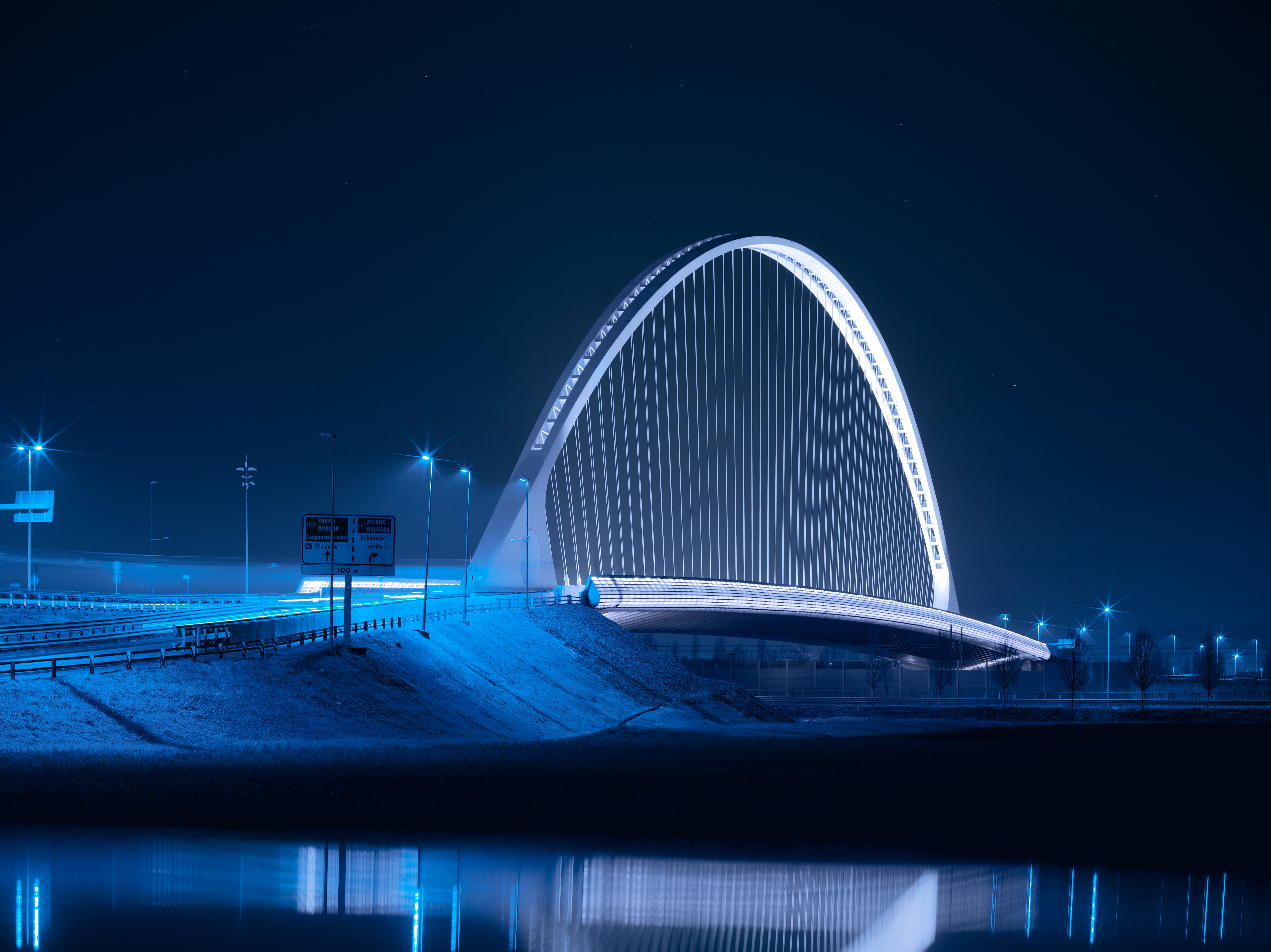 Widescreen image bridge, night city, architecture, cities