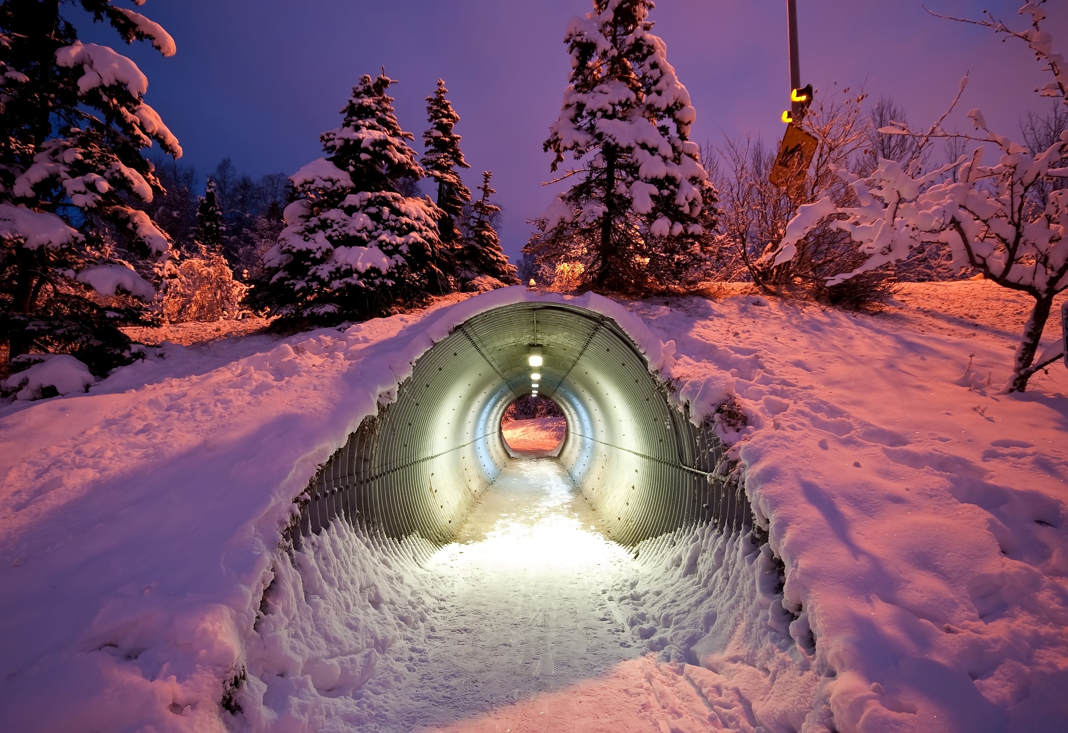 winter, nature, snow, shine, light, trumpet, pipe, tunnel