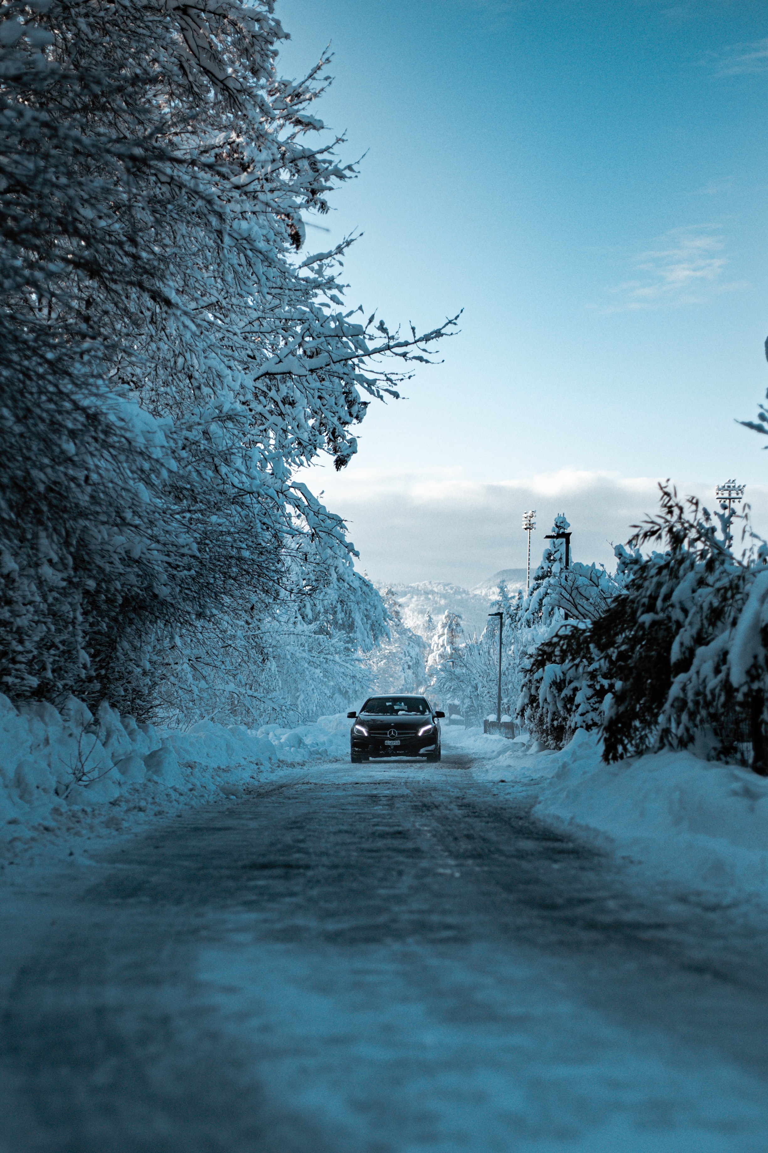 mercedes, winter, snow, cars, black, road, car
