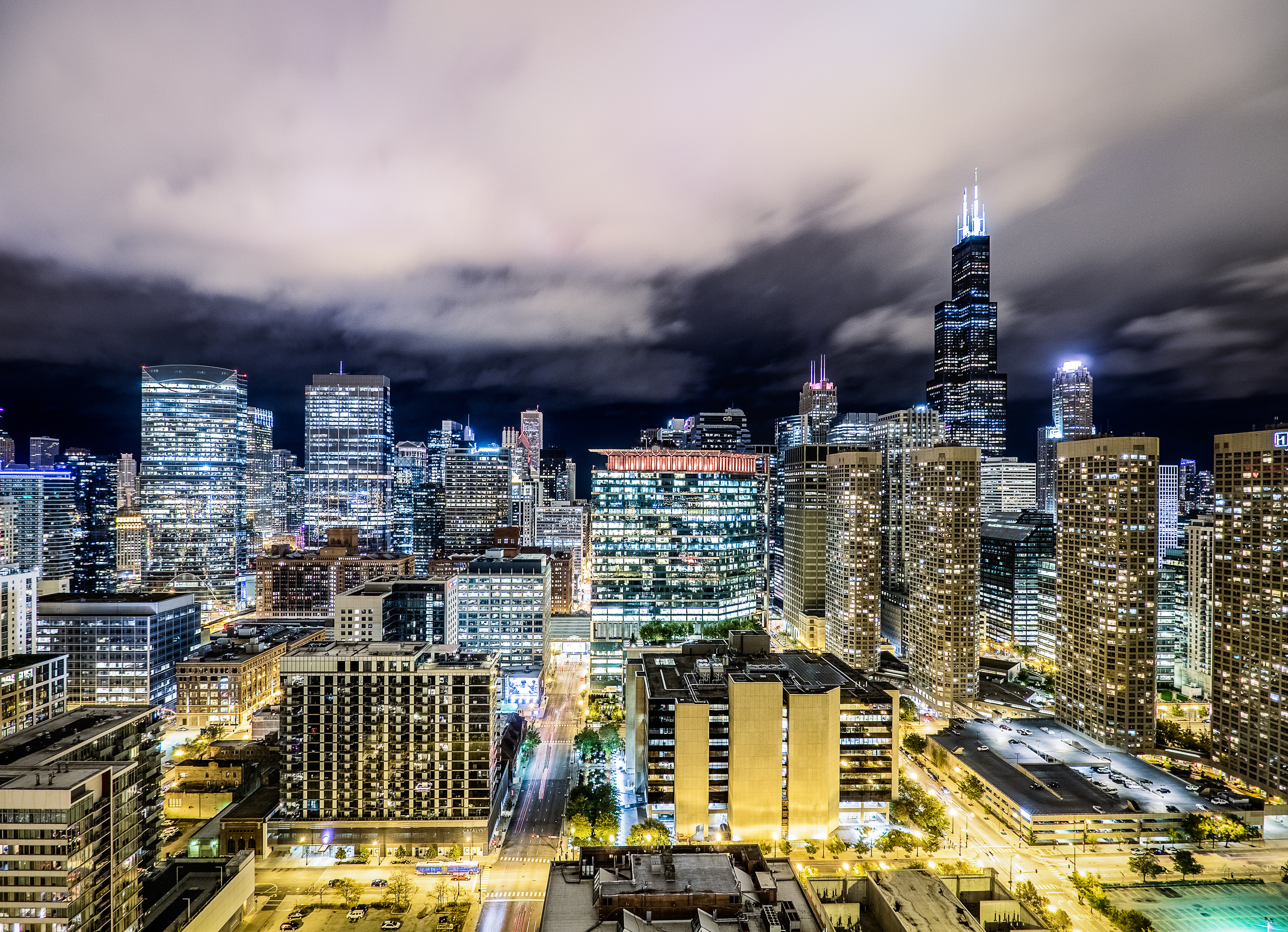 chicago, cities, night city, skyscrapers, exposition, exposure