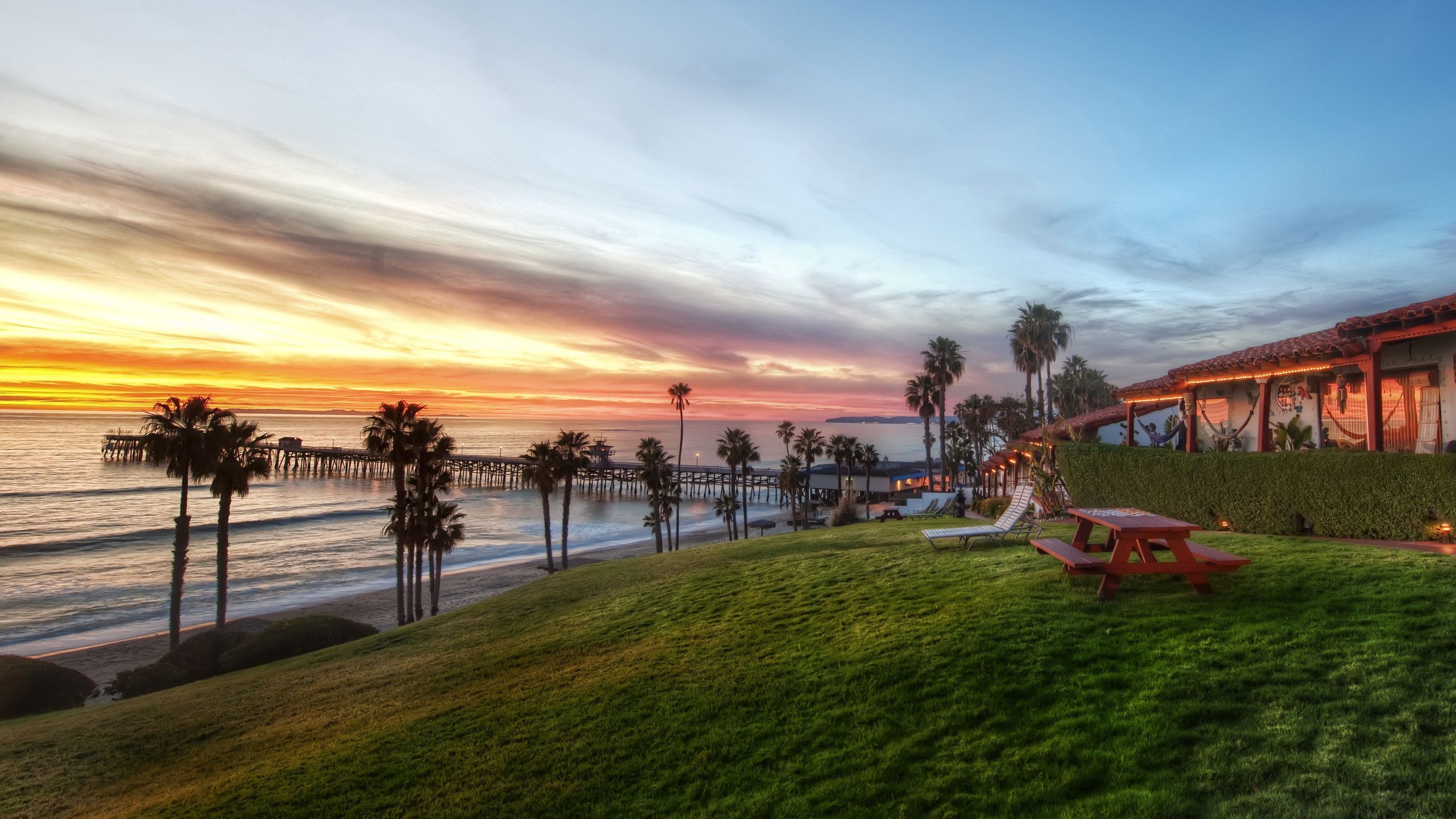 slope, benches, picnic, nature, sea, palms, bank, shore, evening, table download HD wallpaper