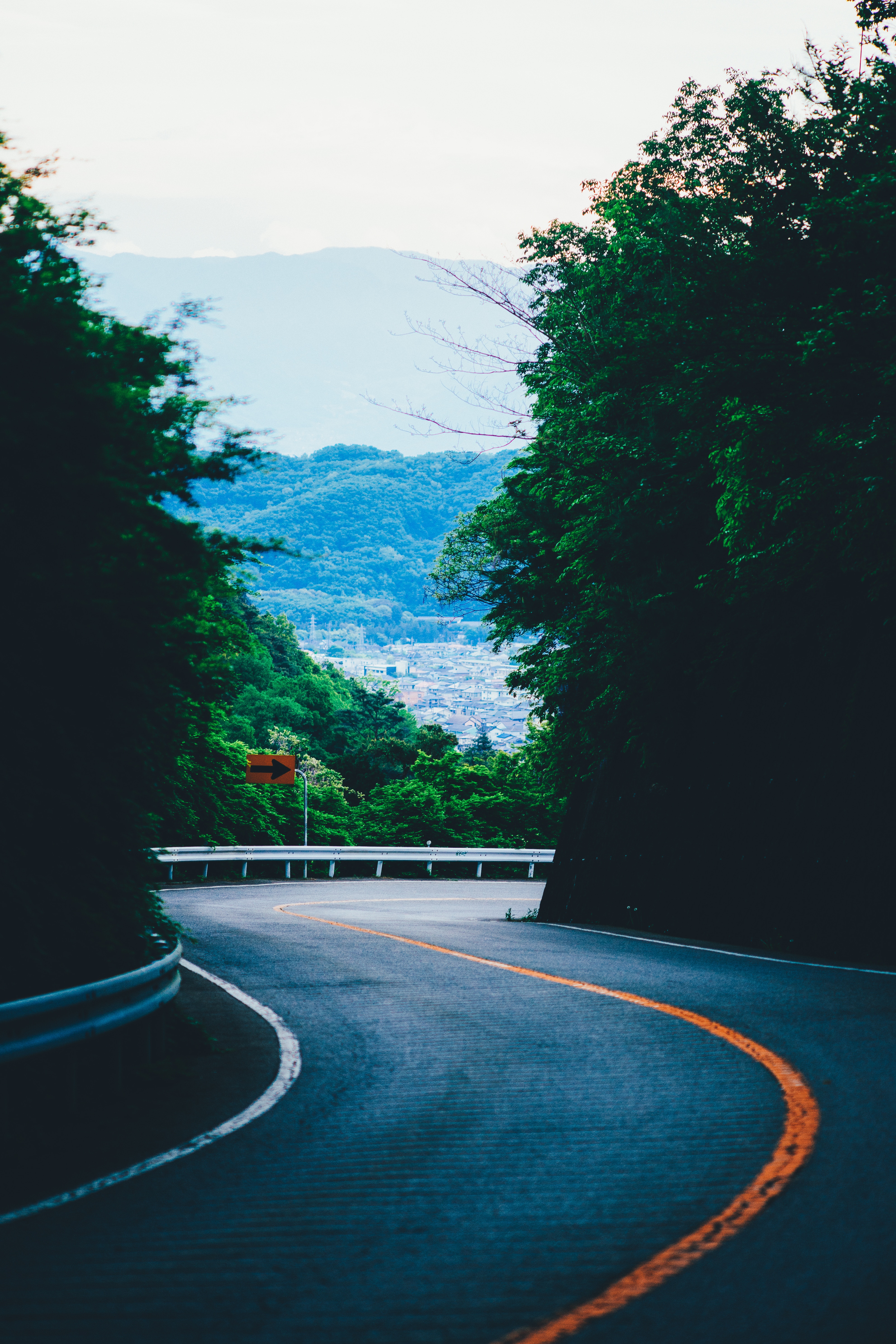 mountains, nature, trees, road, turn, markup