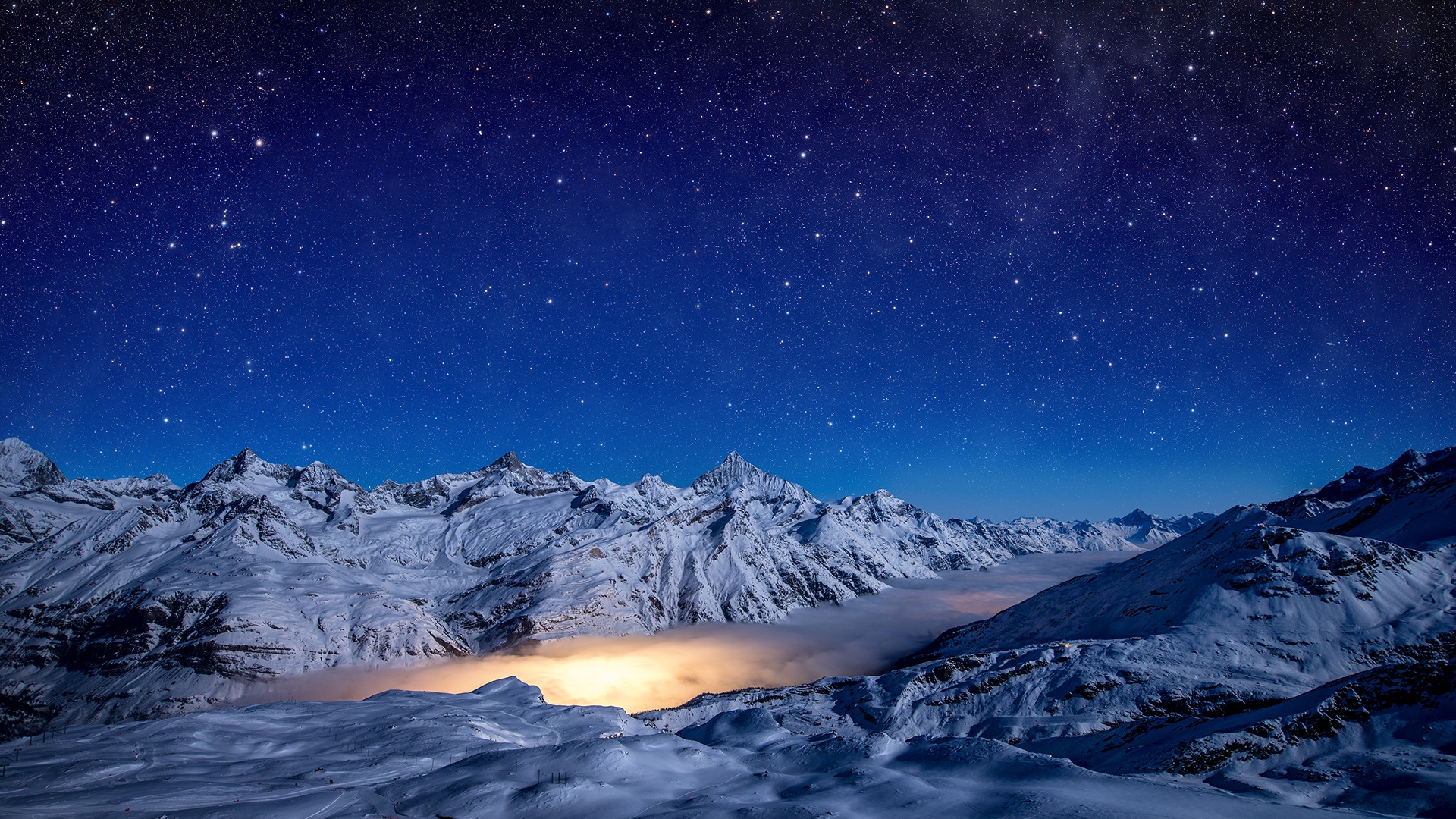 HD wallpaper earth, night, fog, landscape, light, mountain, sky, snow, starry sky, start, winter