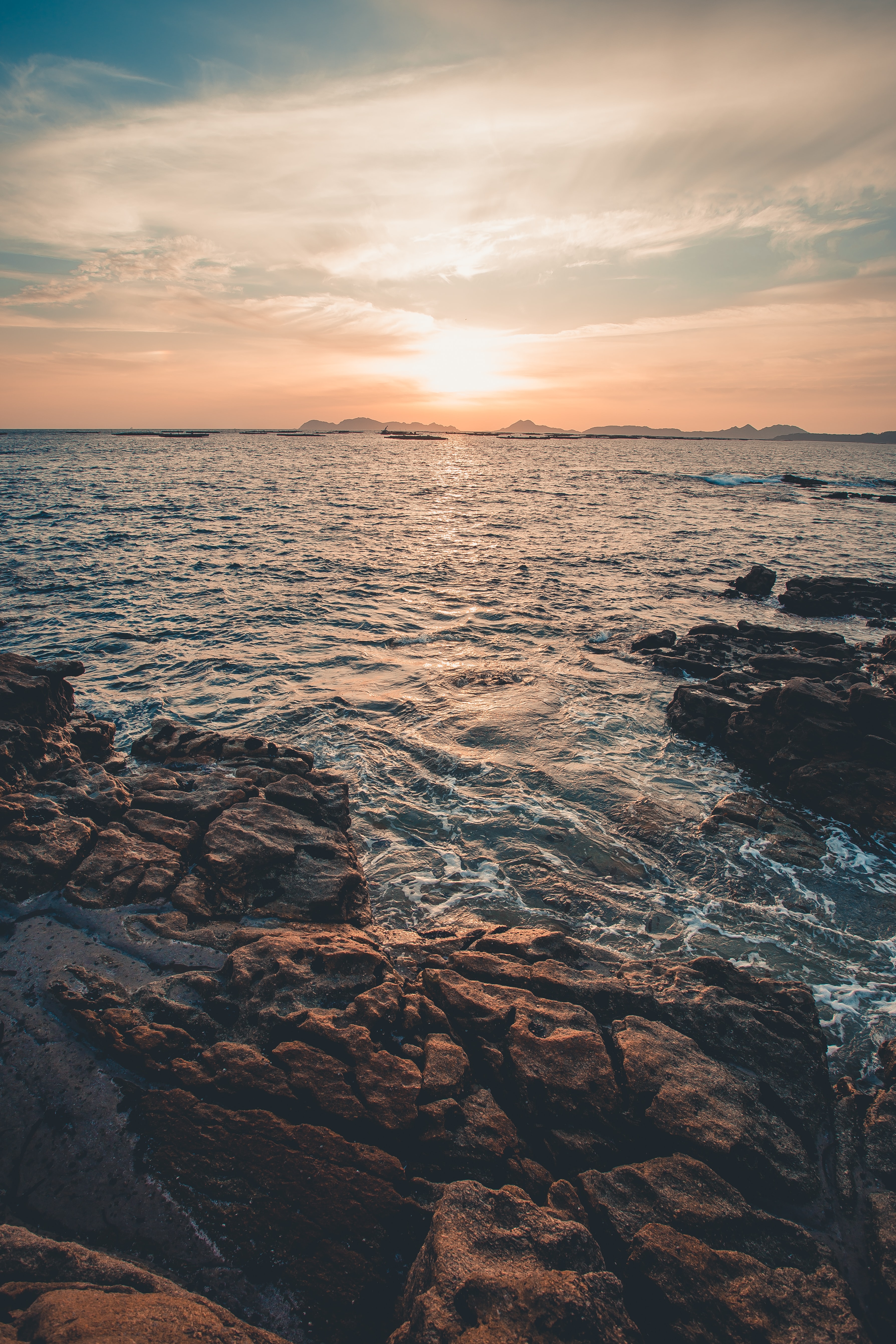 sea, nature, sun, rocks, horizon phone wallpaper