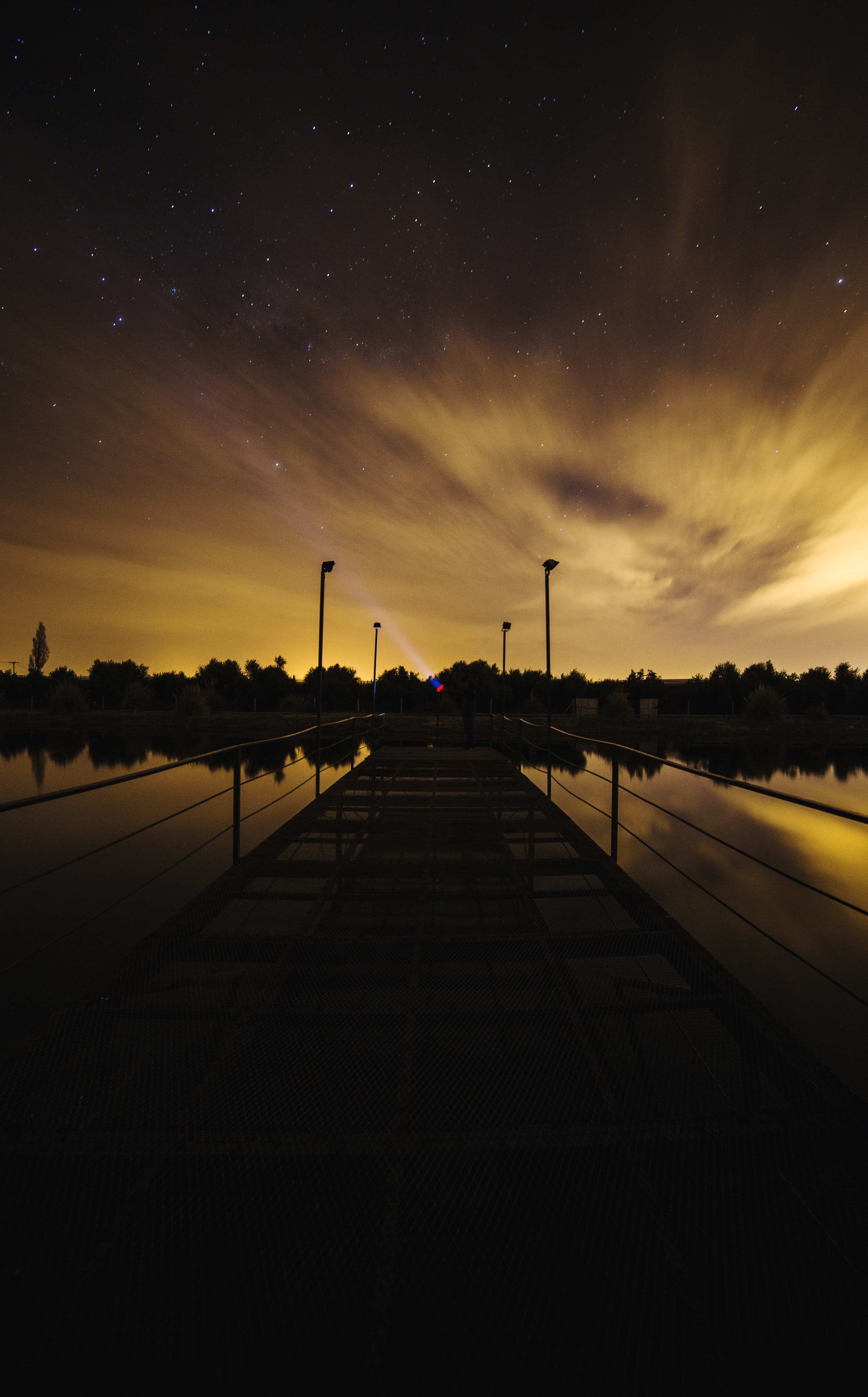 sunset, nature, lake, pier, starry sky Free Stock Photo