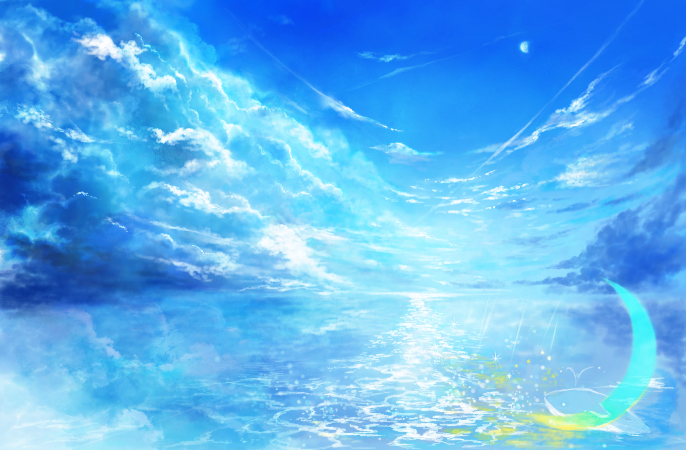 anime, landscape, crescent, horizon, sky, water lock screen backgrounds