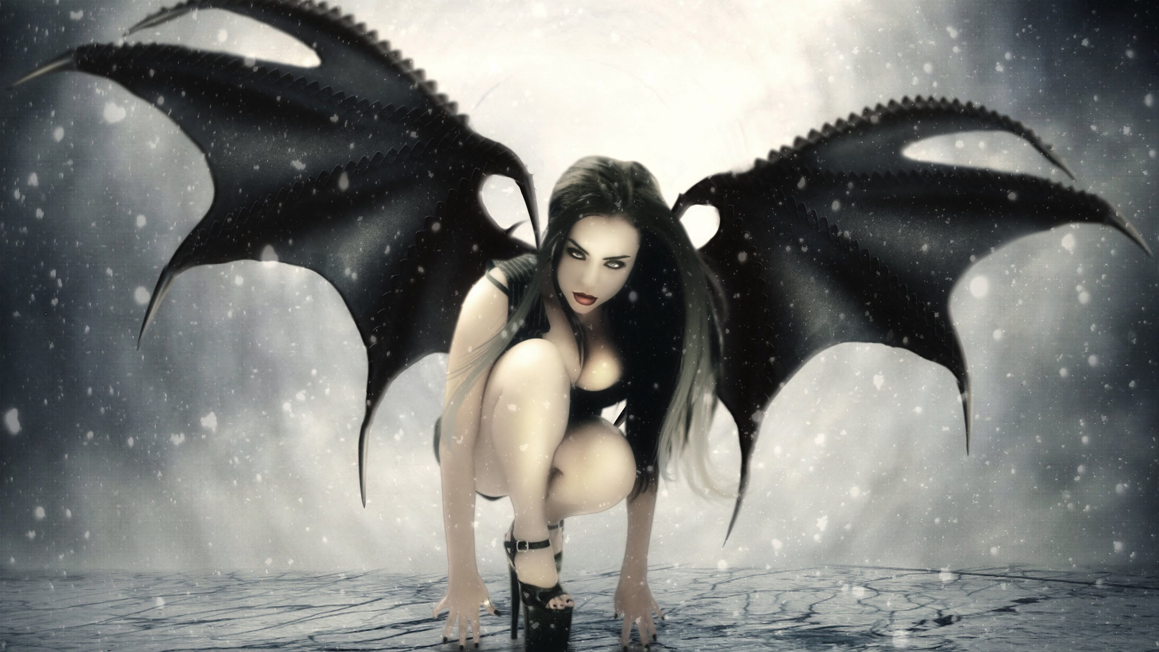 vertical wallpaper wings, fantasy, angel, black hair, high heels, long hair