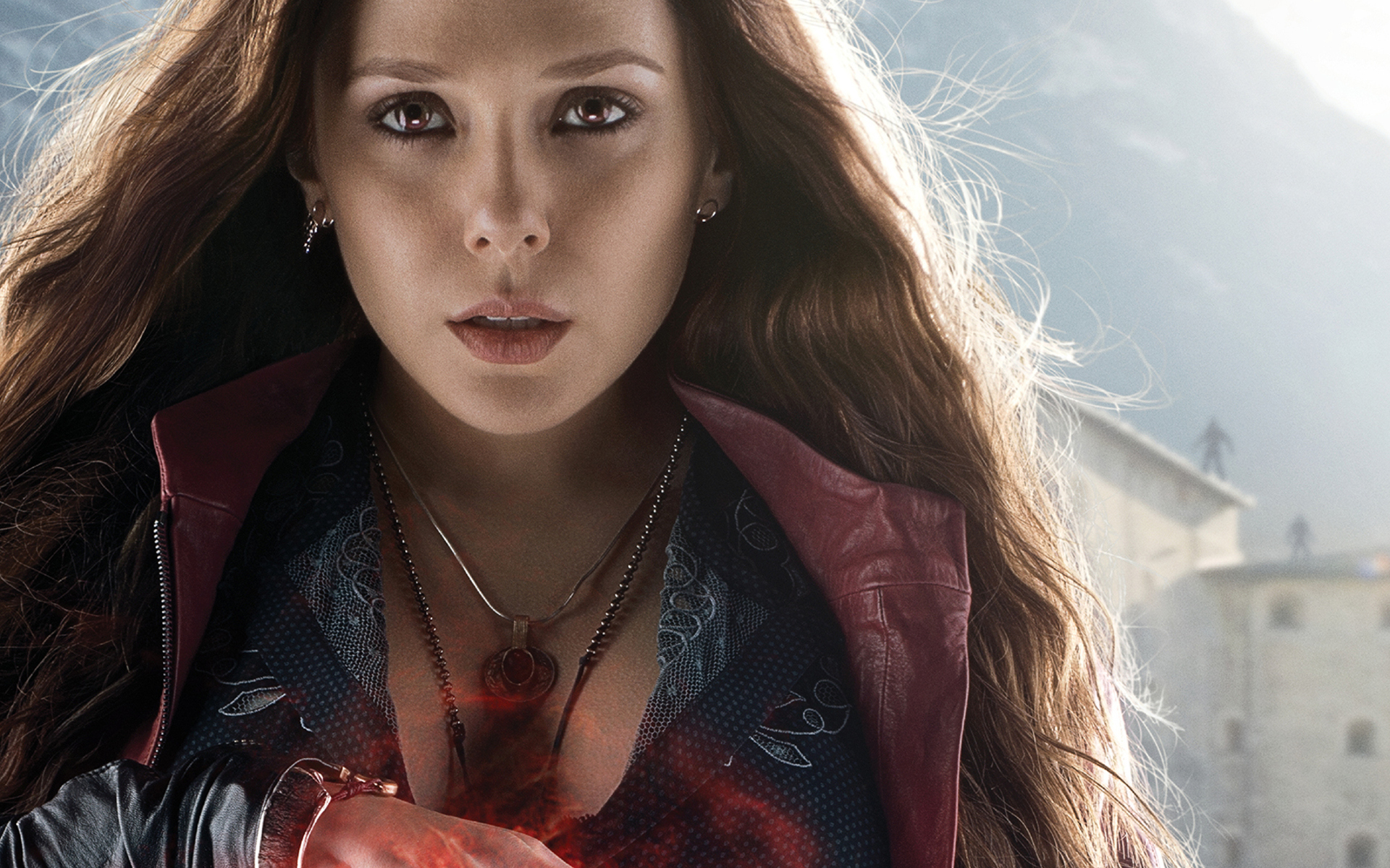 scarlet witch, magic, earrings, avengers, elizabeth olsen, long hair, movie, avengers: age of ultron, necklace, red eyes, redhead, the avengers