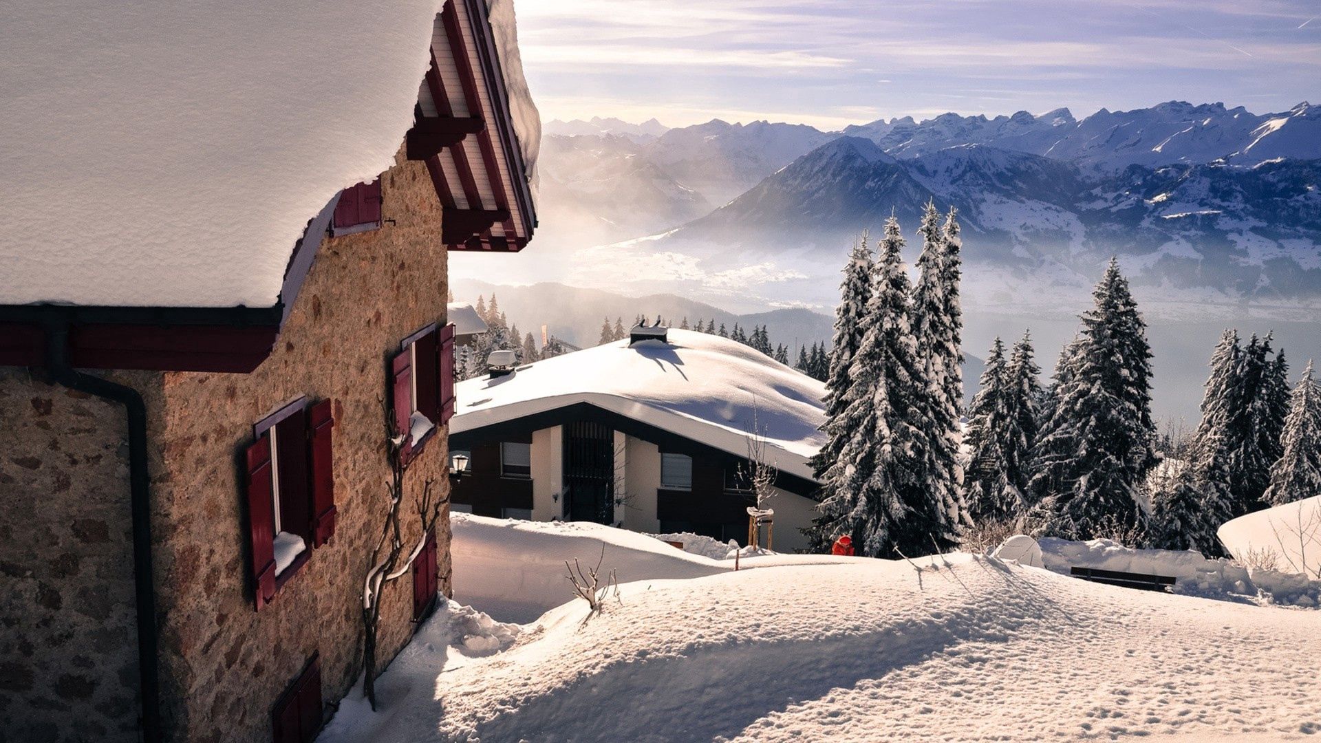Handy-Wallpaper Landschaft, Städte, Winter, Mountains, Schnee kostenlos herunterladen.