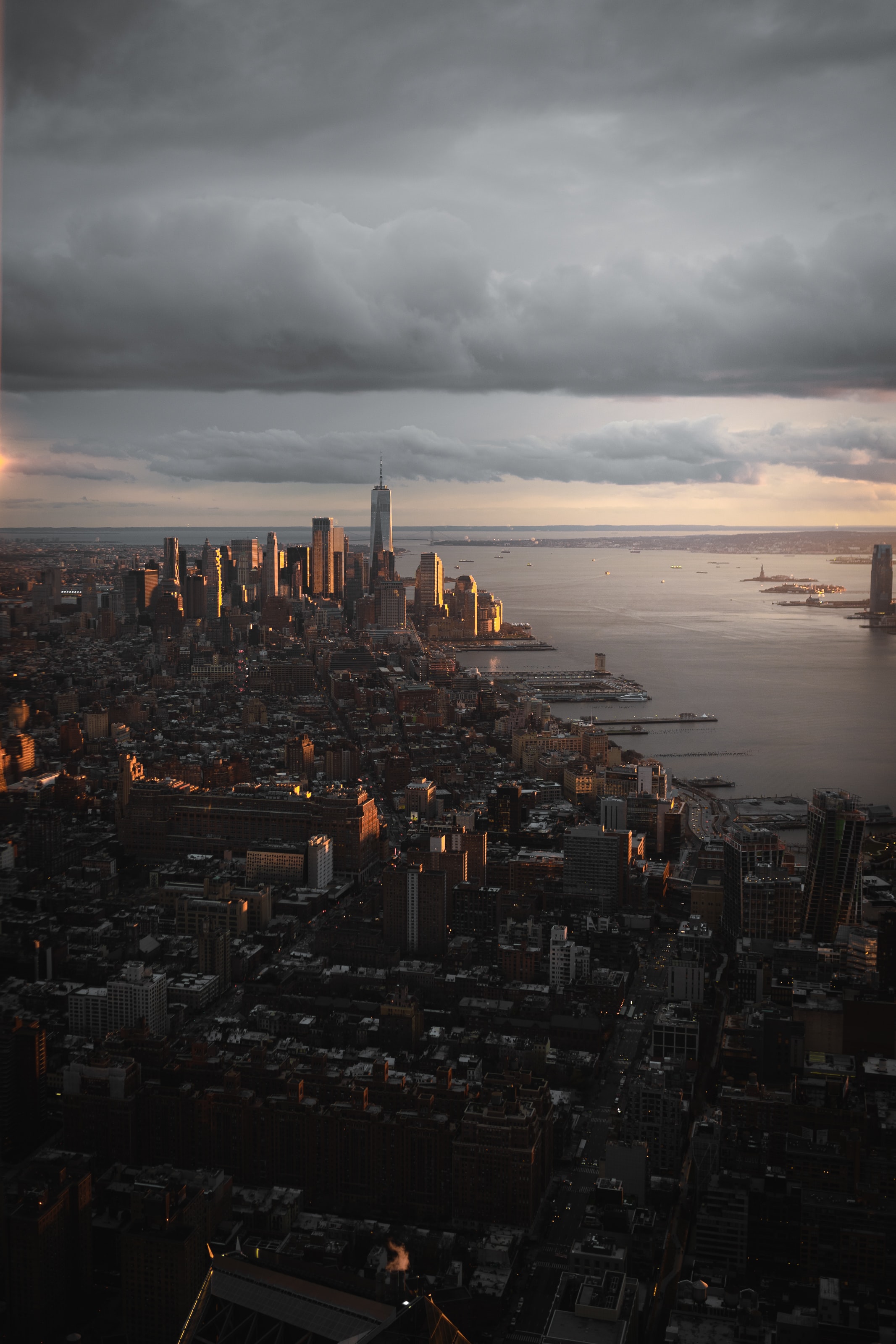 dusk, sunset, city, cities, twilight, building, view from above, coast phone background