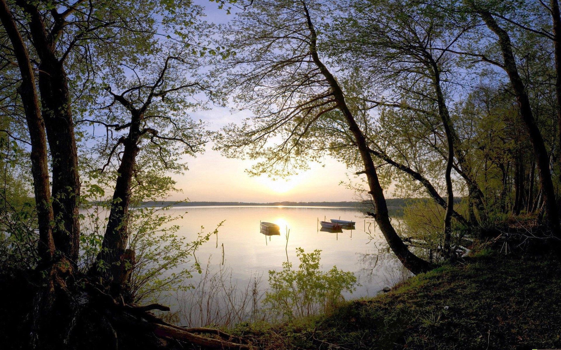 nature, sunset, boats, lake, shore, bank, evening, romance, calmness, tranquillity