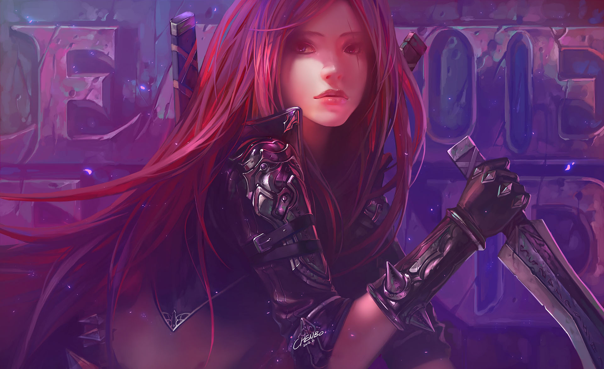 league of legends, video game, long hair, dagger, katarina (league of legends), red hair, scar cell phone wallpapers