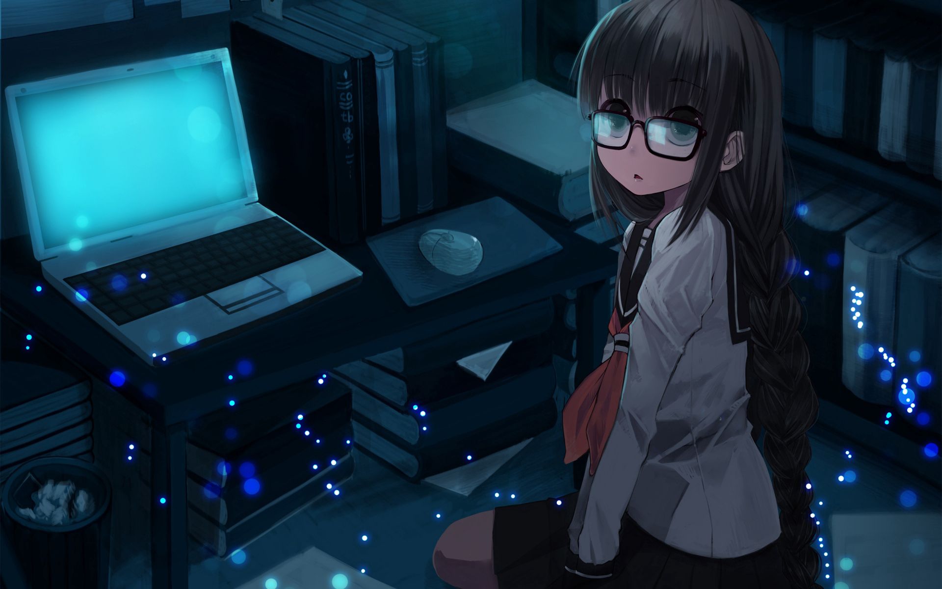 104636 download wallpaper anime, sit, girl, room, notebook, laptop screensavers and pictures for free
