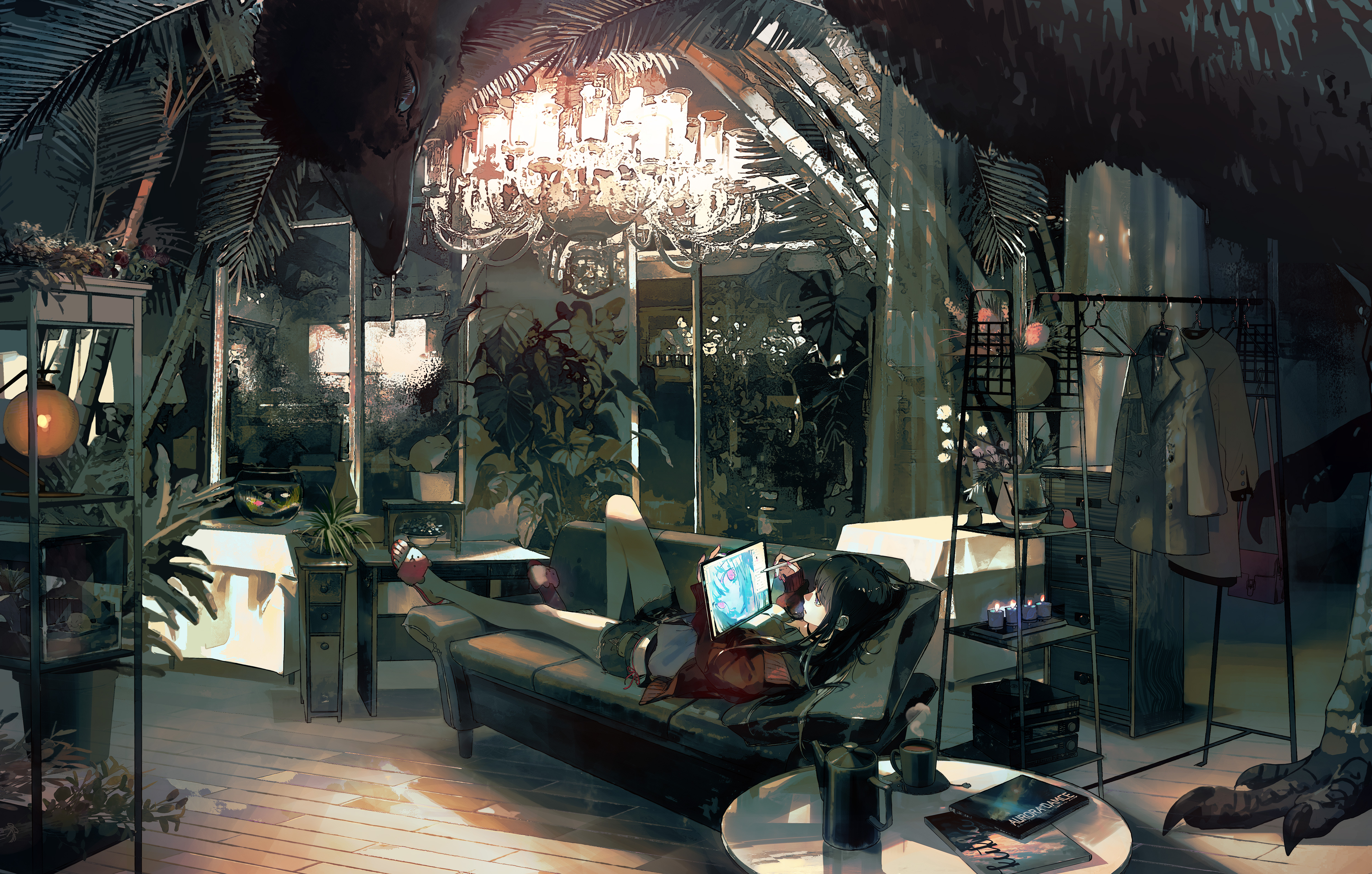 black hair, tablet, bird, room, chandelier, plant, long hair, book, anime