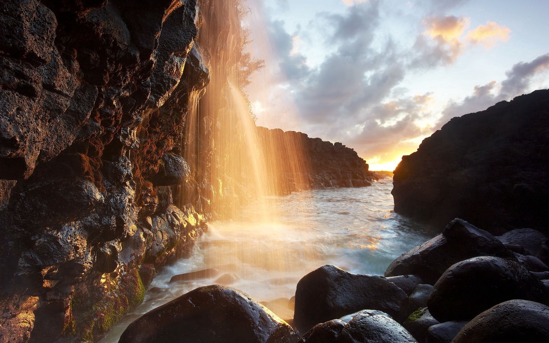 shine, reflection, nature, rocks, beams, rays, light, waterfall, sun