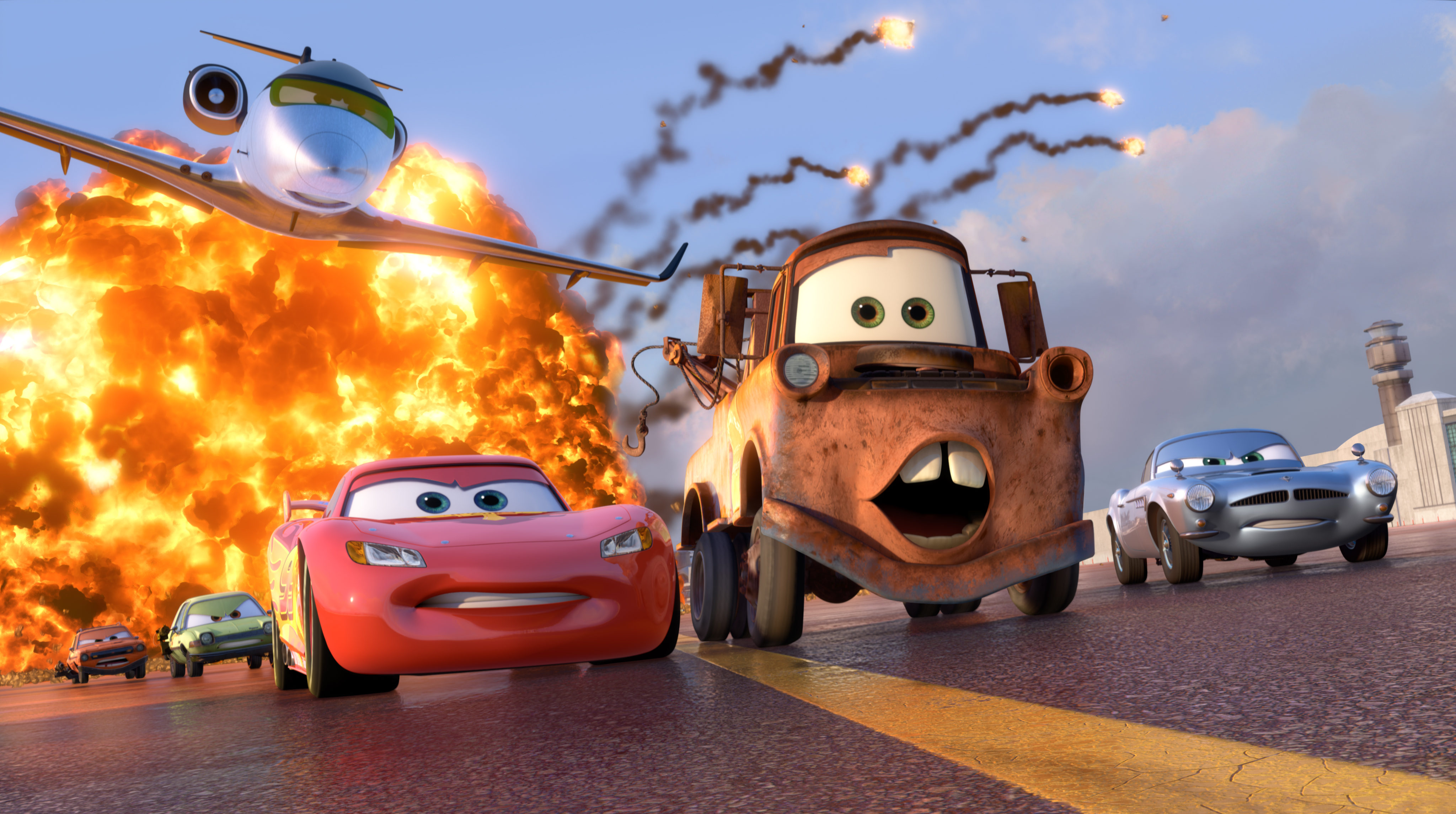 cars, cars 2, pixar, movie, airplane, explosion, lightning mcqueen