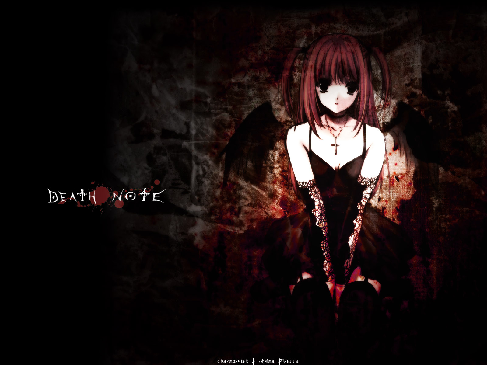 black eyes, wings, misa amane, necklace, cross, long hair, gothic, glove, black dress, brown hair, dress, death note, thigh highs, anime cellphone