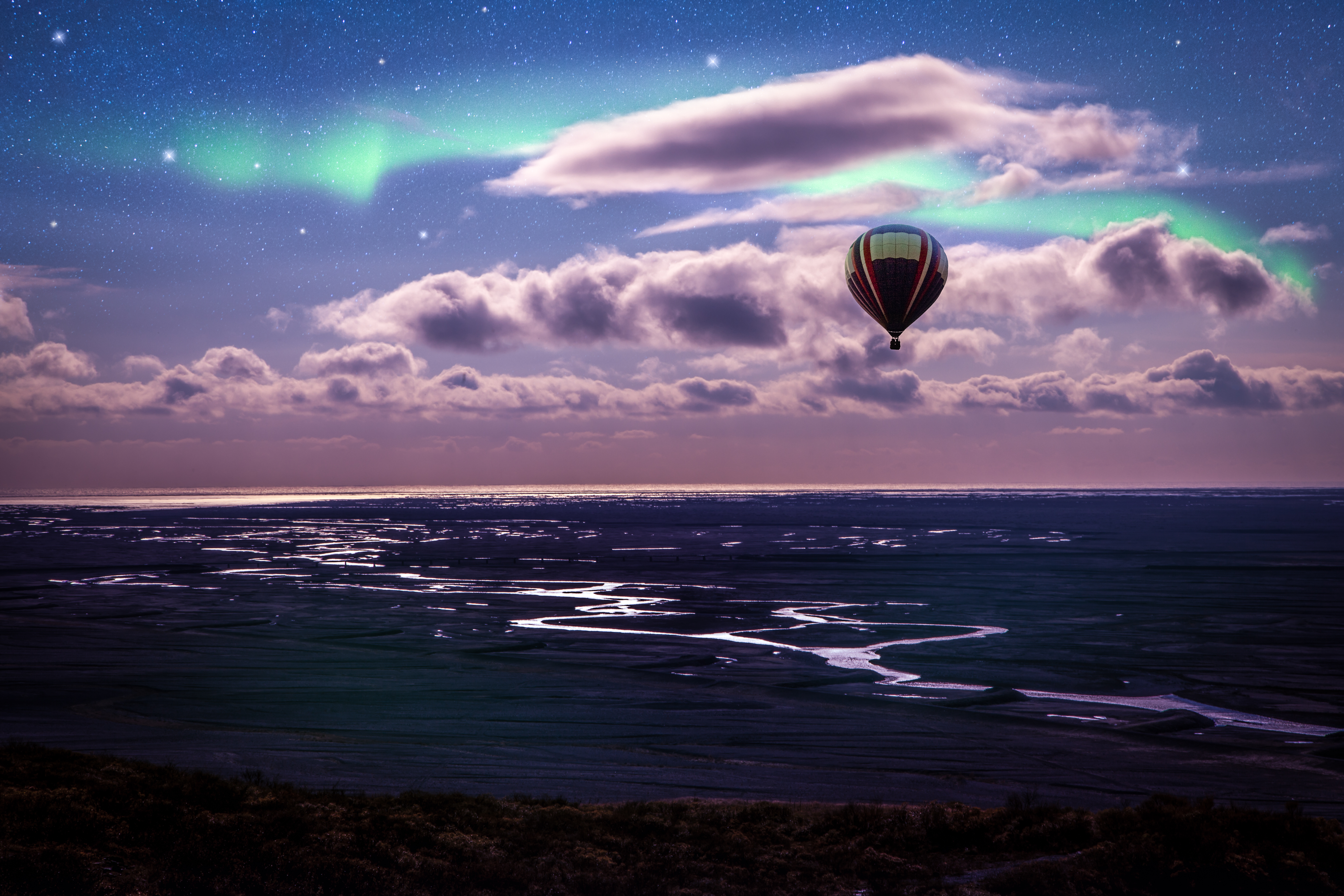 Laden Sie das Ballon, Natur, Clouds, Ufer, Bank, Ozean, Luftballon, Nordlichter, Aurora Borealis-Bild kostenlos auf Ihren PC-Desktop herunter