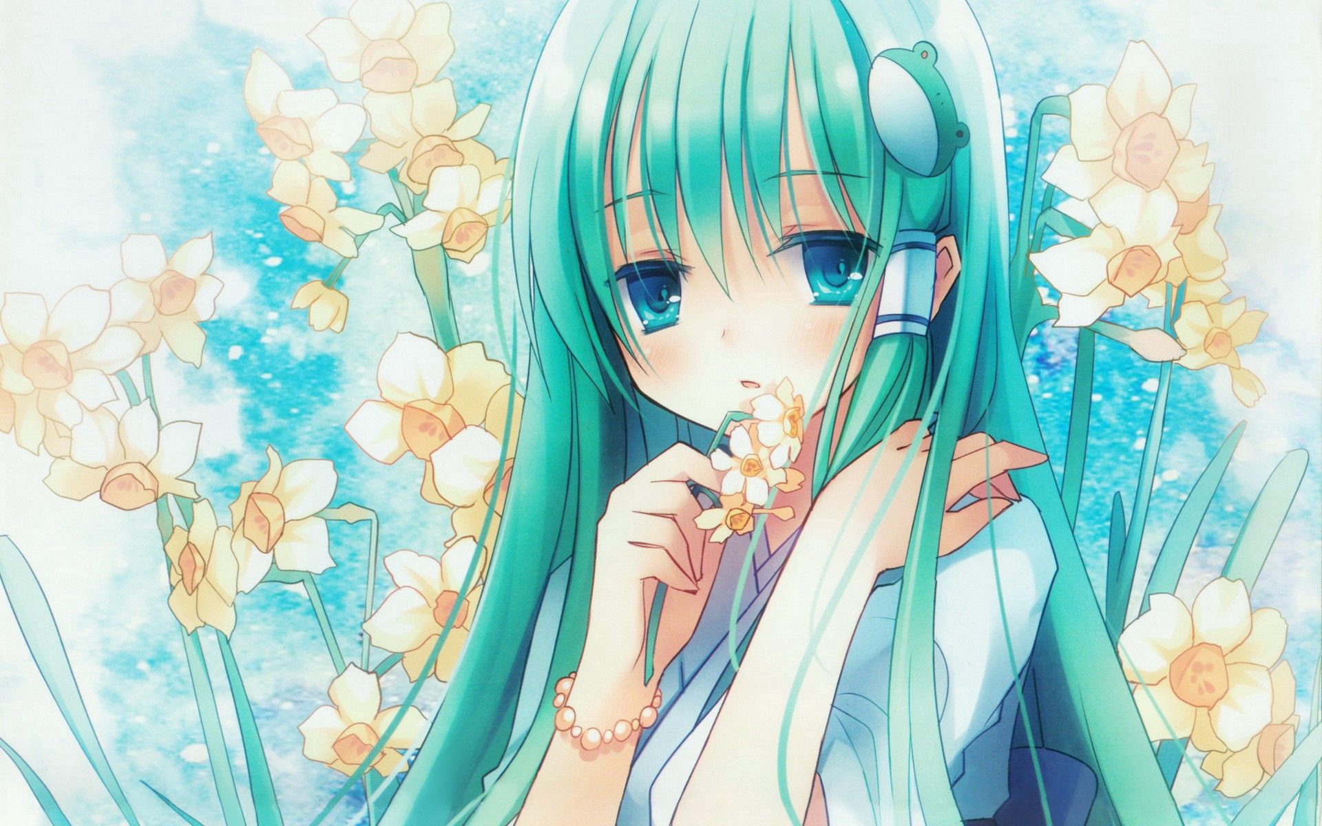 92117 download wallpaper anime, flower, girl, hair, narcissus, long screensavers and pictures for free