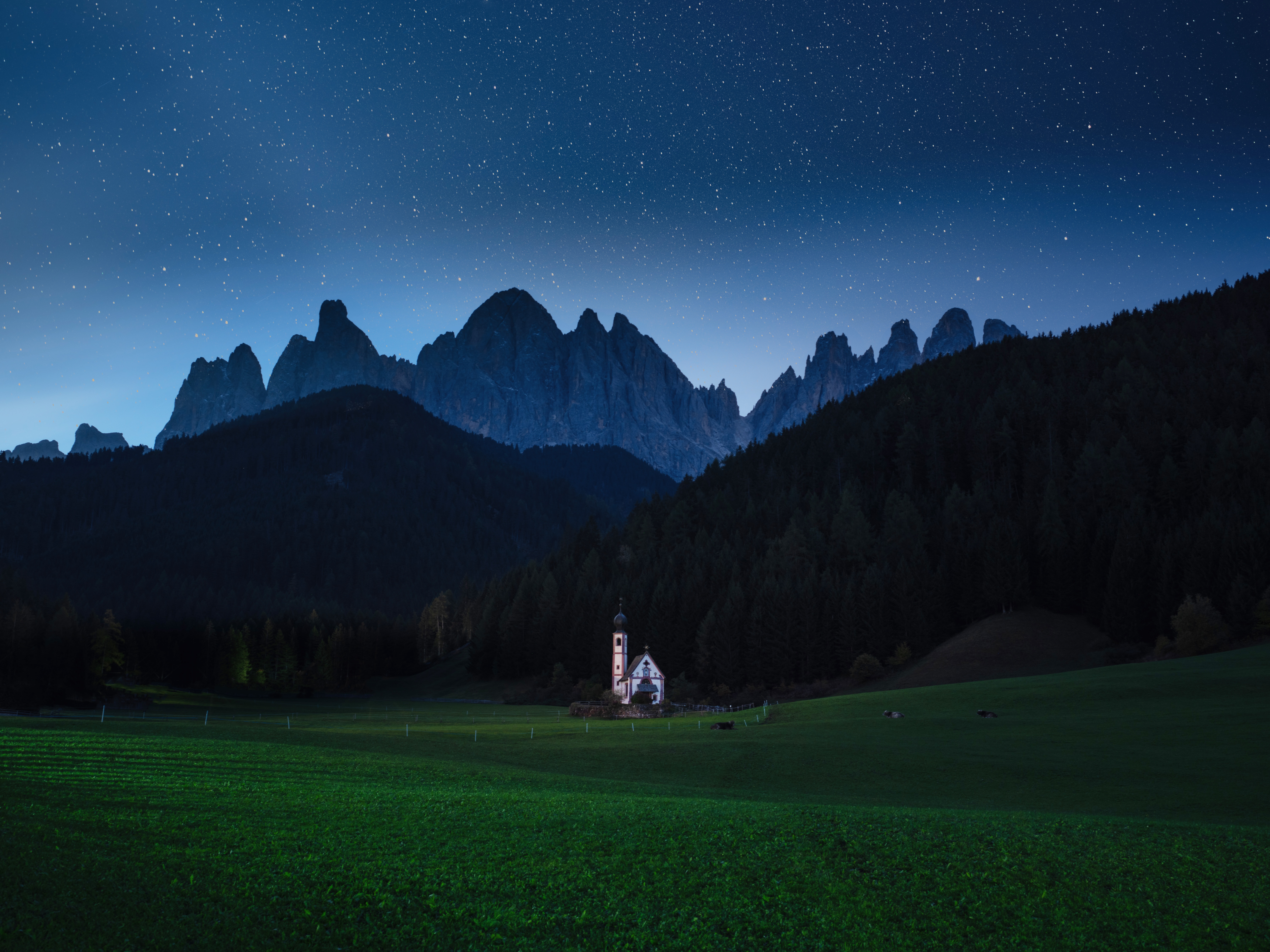 108688 download wallpaper landscape, nature, mountains, night, building, lawn screensavers and pictures for free