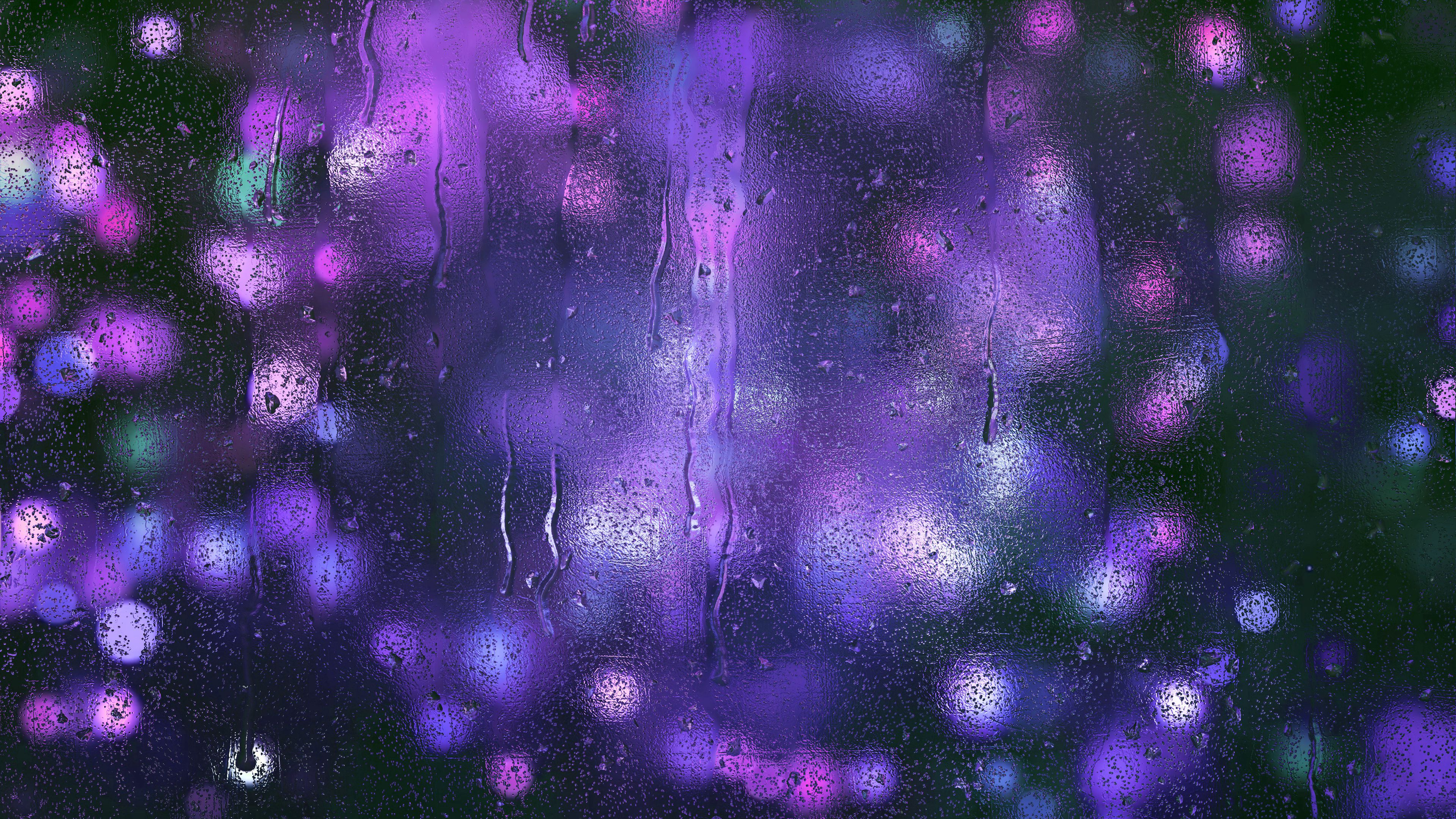 purple, drops, violet, macro, glare, glass 4K