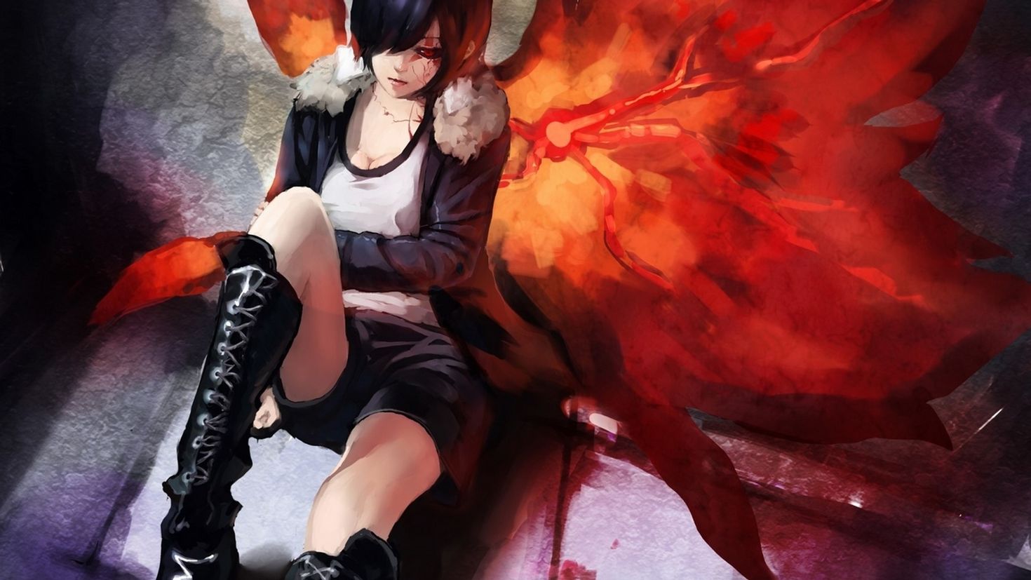 Обои тока. Tokyo Ghoul Touka. Агрессивная девушка арт. Аниме провал Крылья кровь.