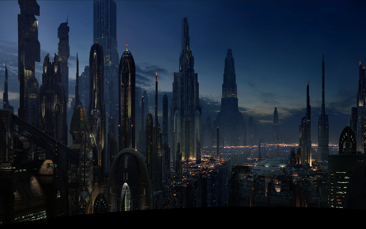 skyscraper, star wars, building, movie, night, city 8K