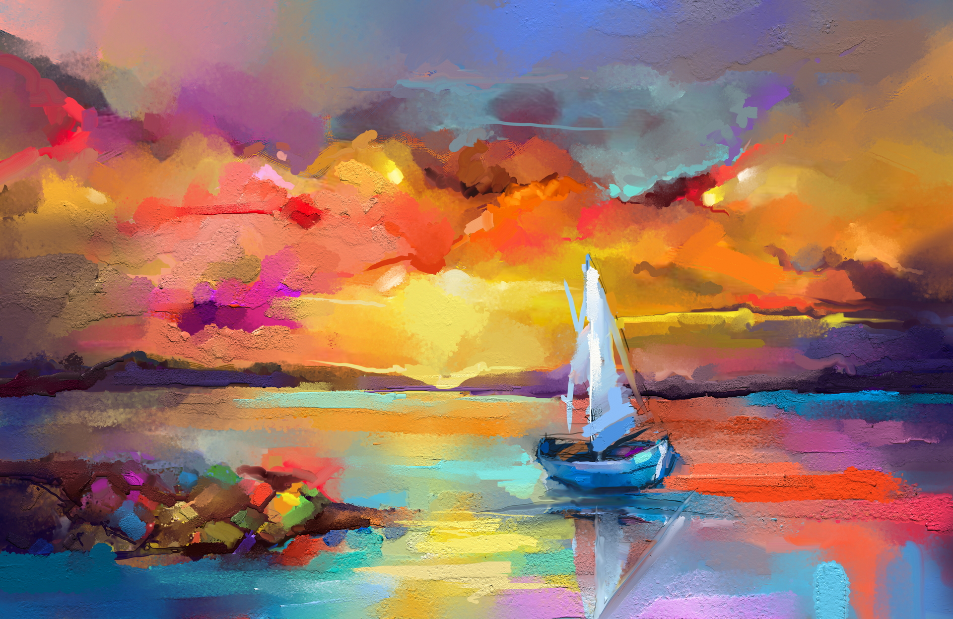 artistic, painting, boat, dawn, paint, sail, sea cell phone wallpapers