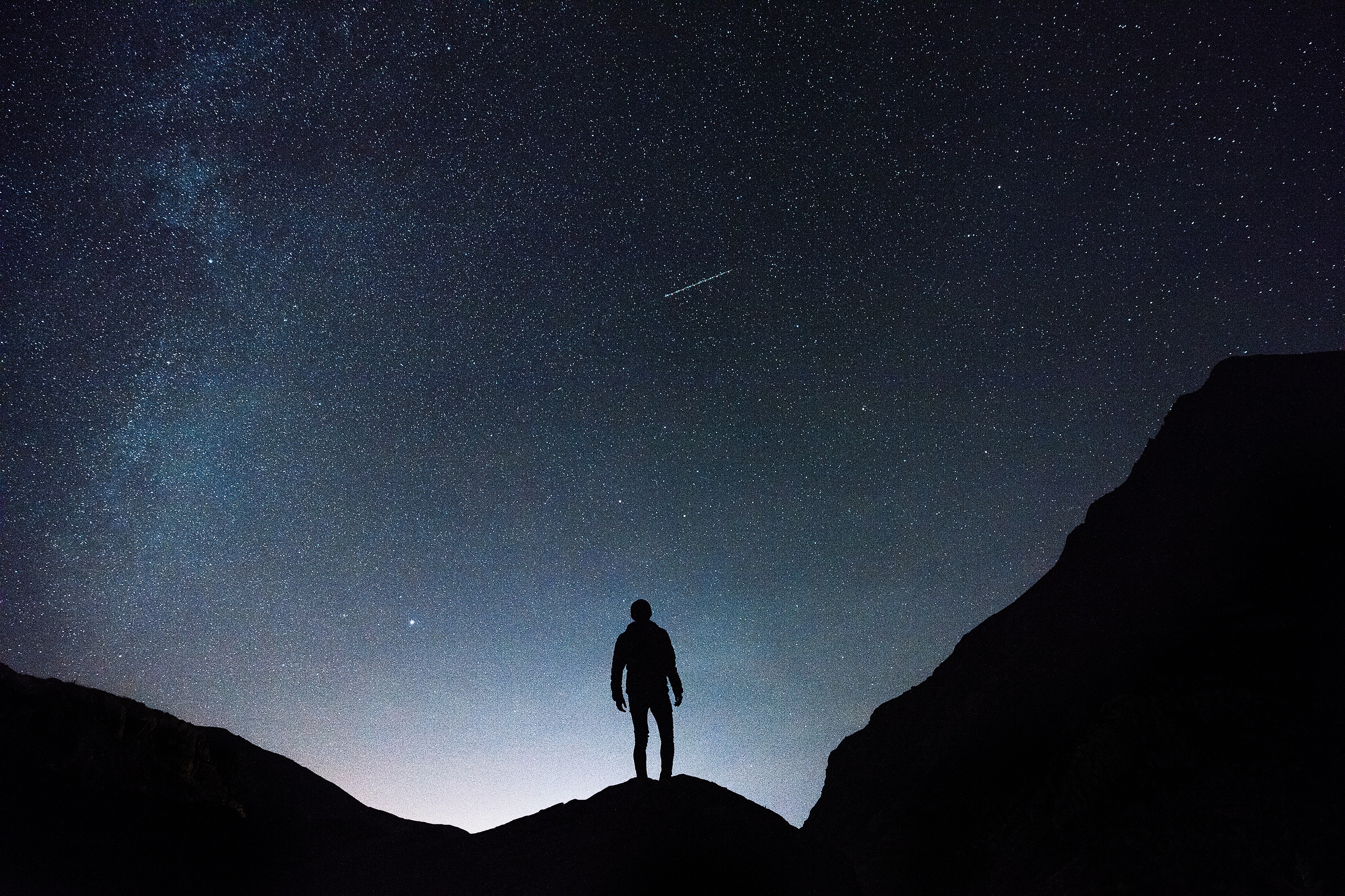 silhouette, person, dark, rocks, starry sky, human 32K