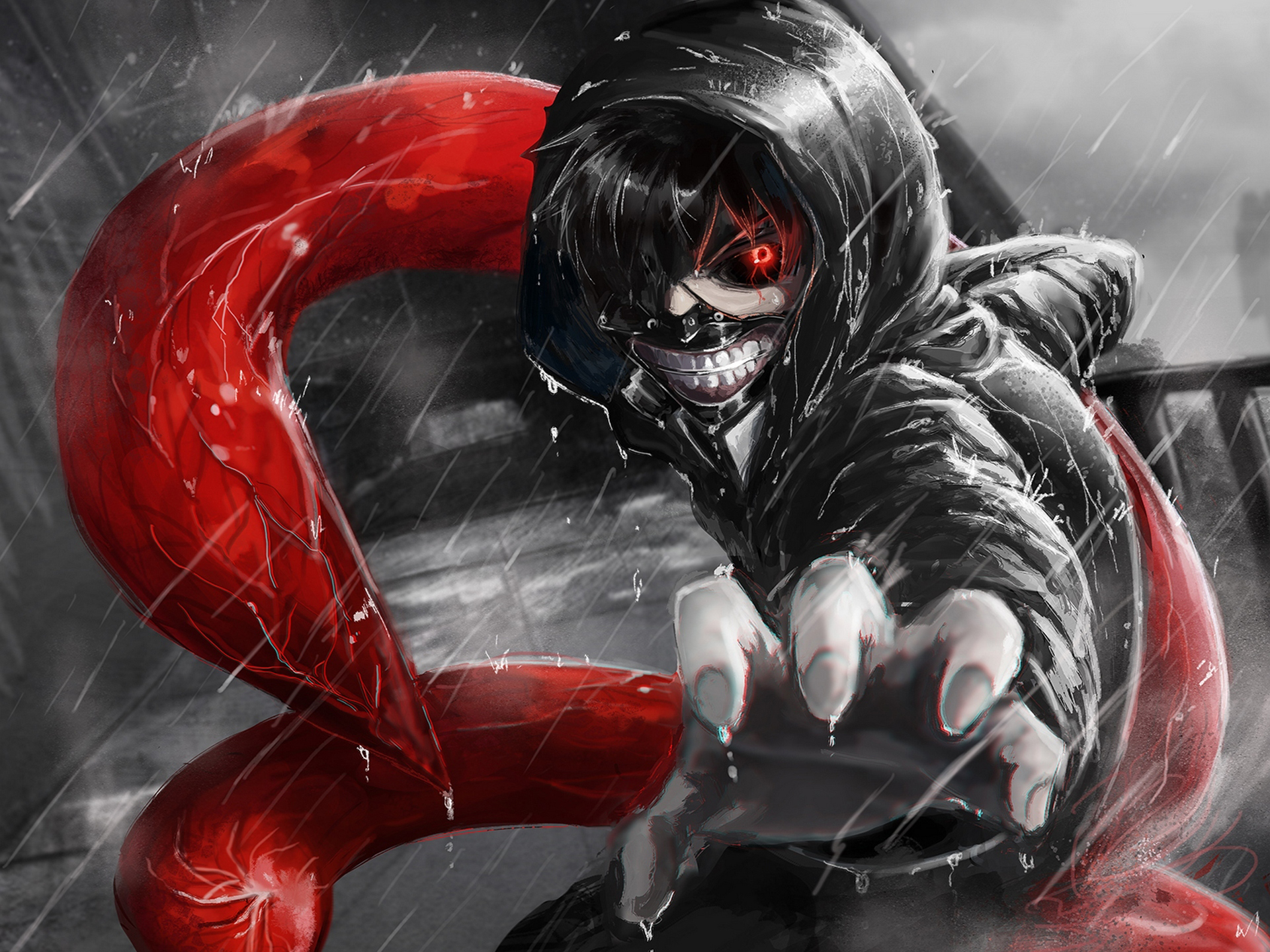 anime, red eyes, black hair, tokyo ghoul, rain, hoodie, ken kaneki, mask, kagune (tokyo ghoul) High Definition image