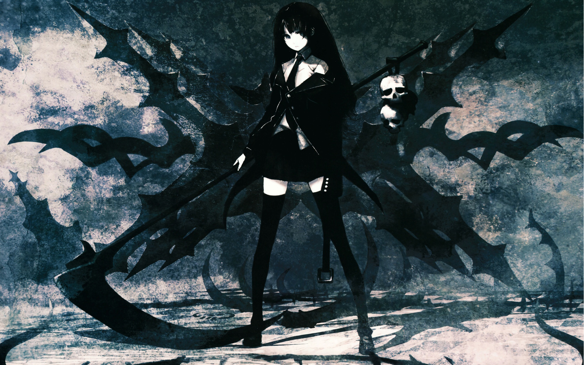 anime, black rock shooter, dead master (black rock shooter), skirt, thigh highs, tie wallpapers for tablet