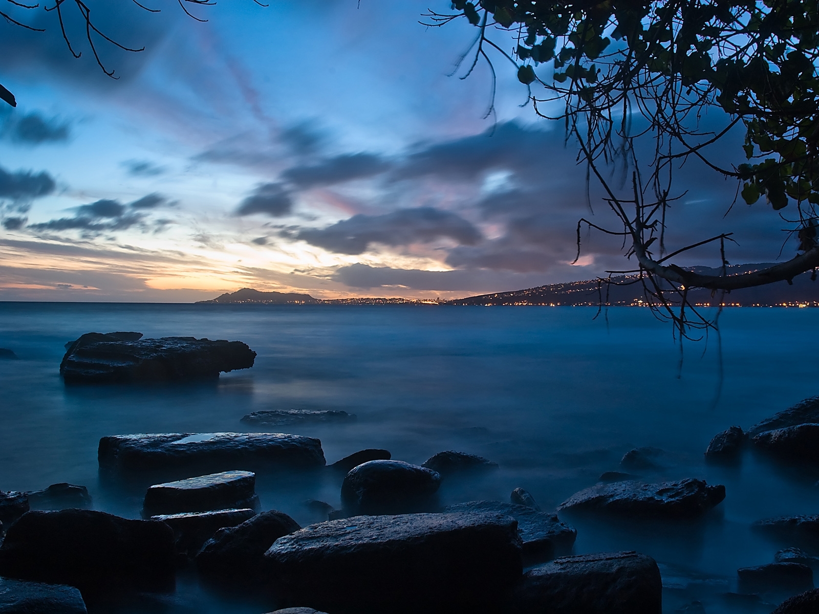 sky, landscape, water, sunset, stones, sea, blue phone background
