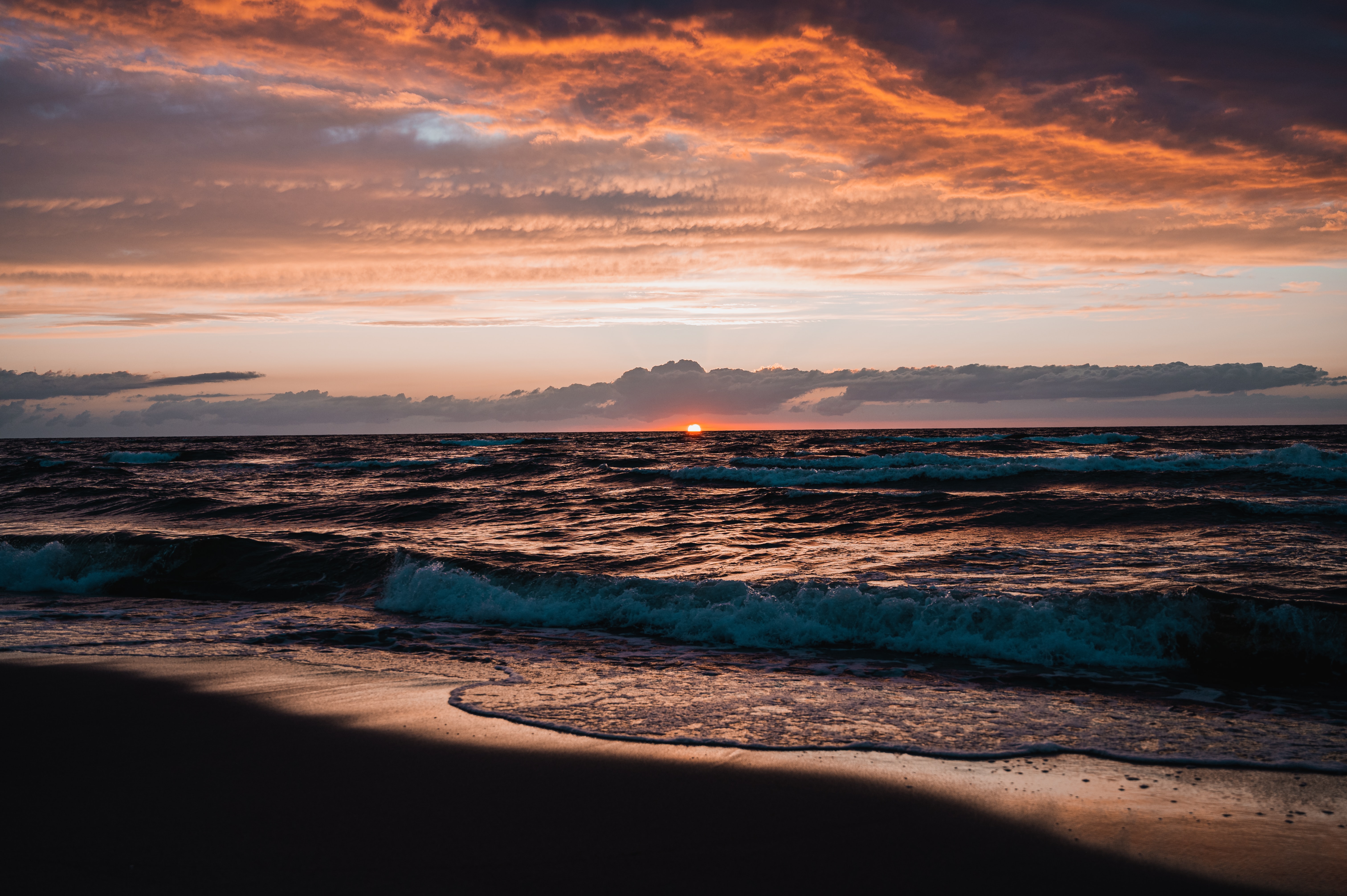 Laden Sie das Natur, Sunset, Sea, Waves, Strand, Horizont-Bild kostenlos auf Ihren PC-Desktop herunter