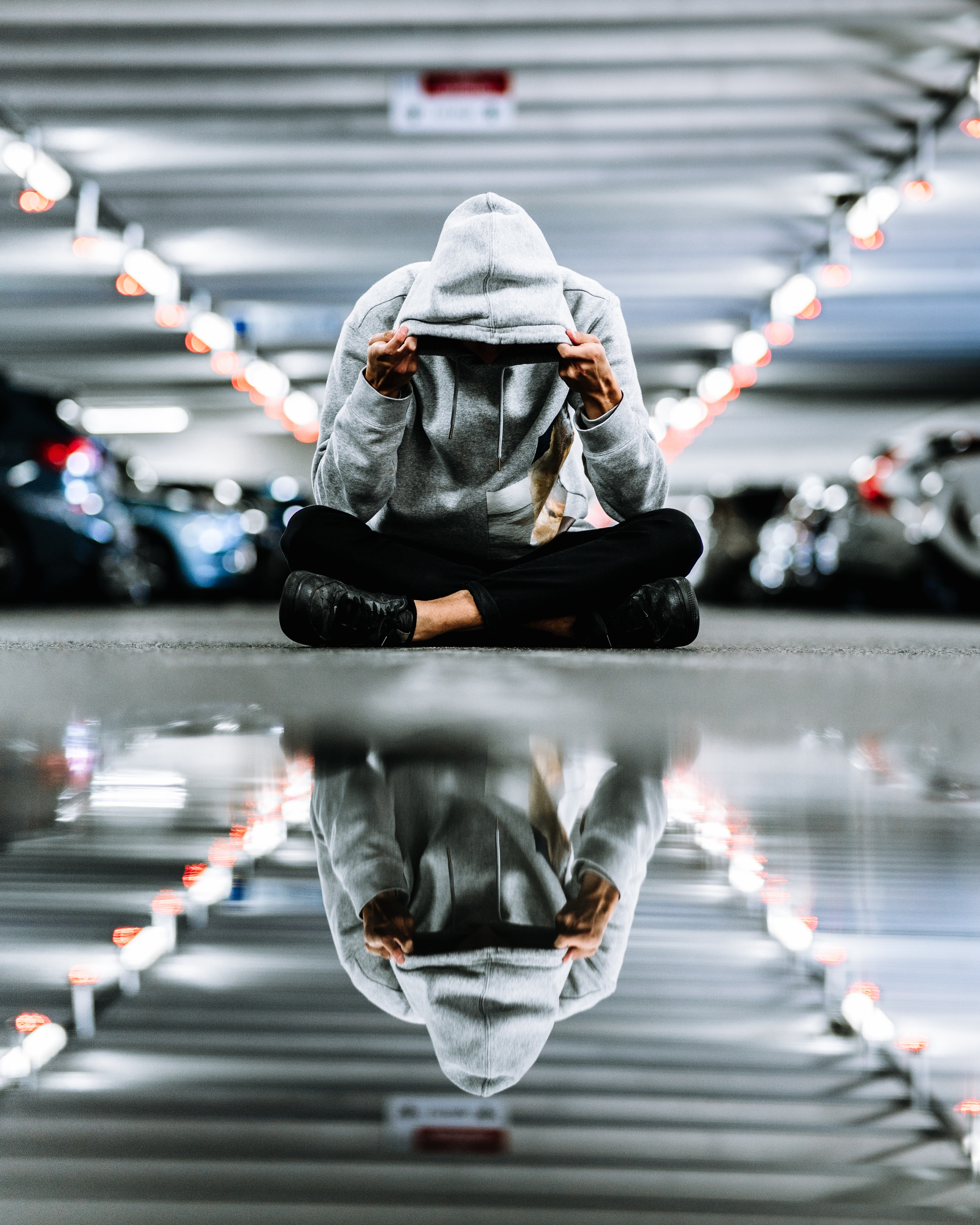 hood, reflection, miscellanea, miscellaneous, human, person, loneliness Full HD