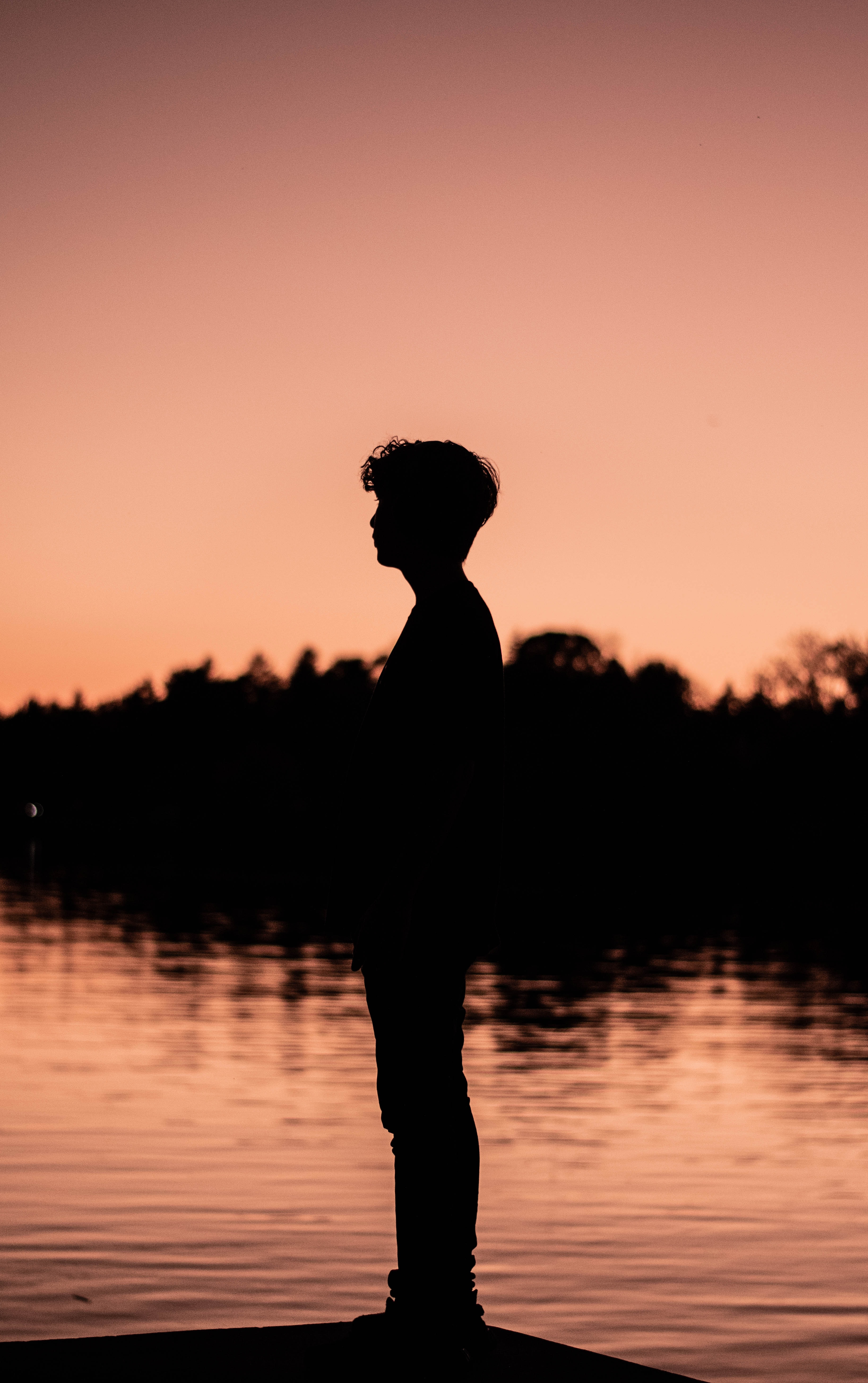 boy, dark, sunset, loneliness, water, silhouette cellphone