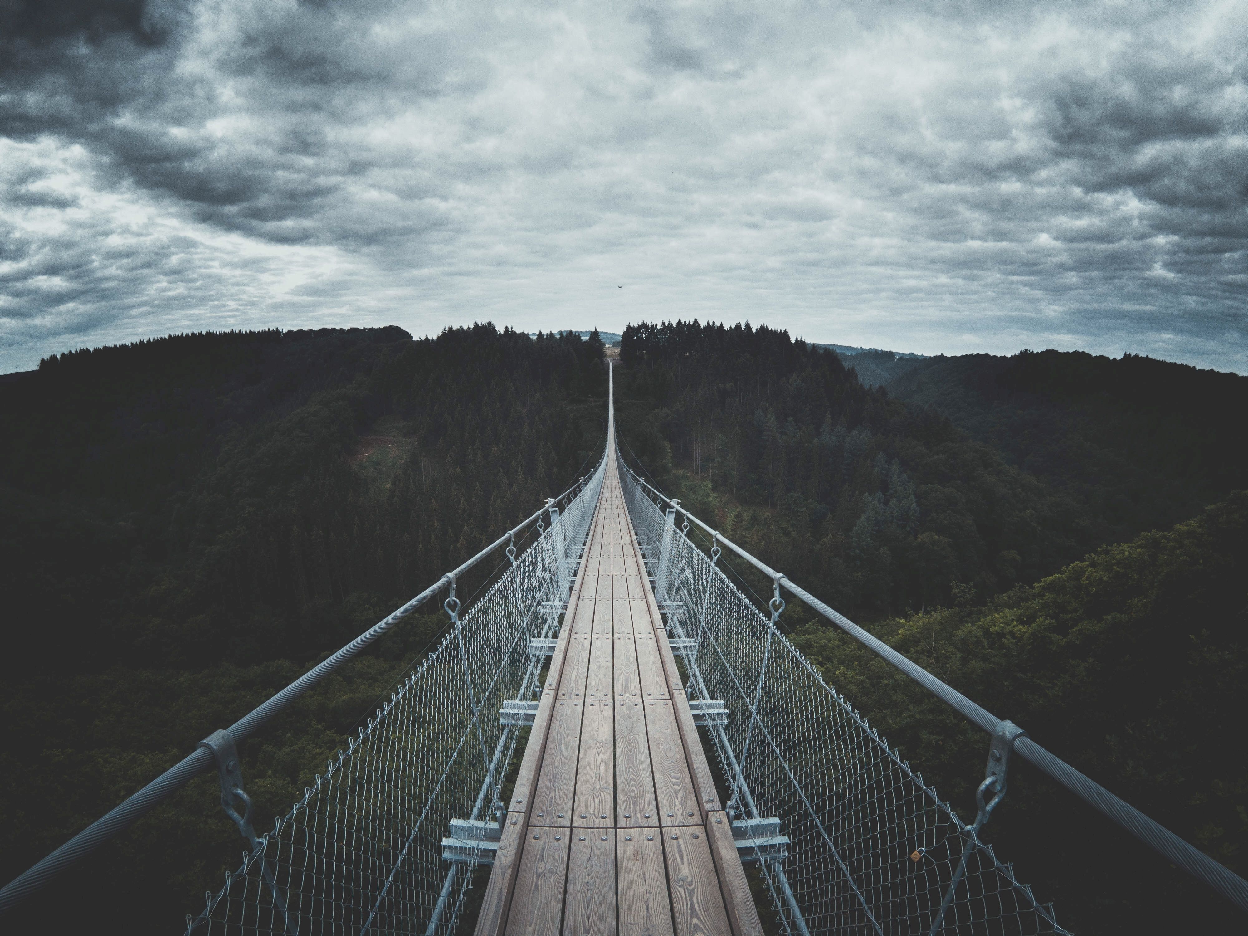 Download mobile wallpaper Sky, Germany, Hanging, Suspension, Clouds, Trees, Bridge, Nature, Forest for free.