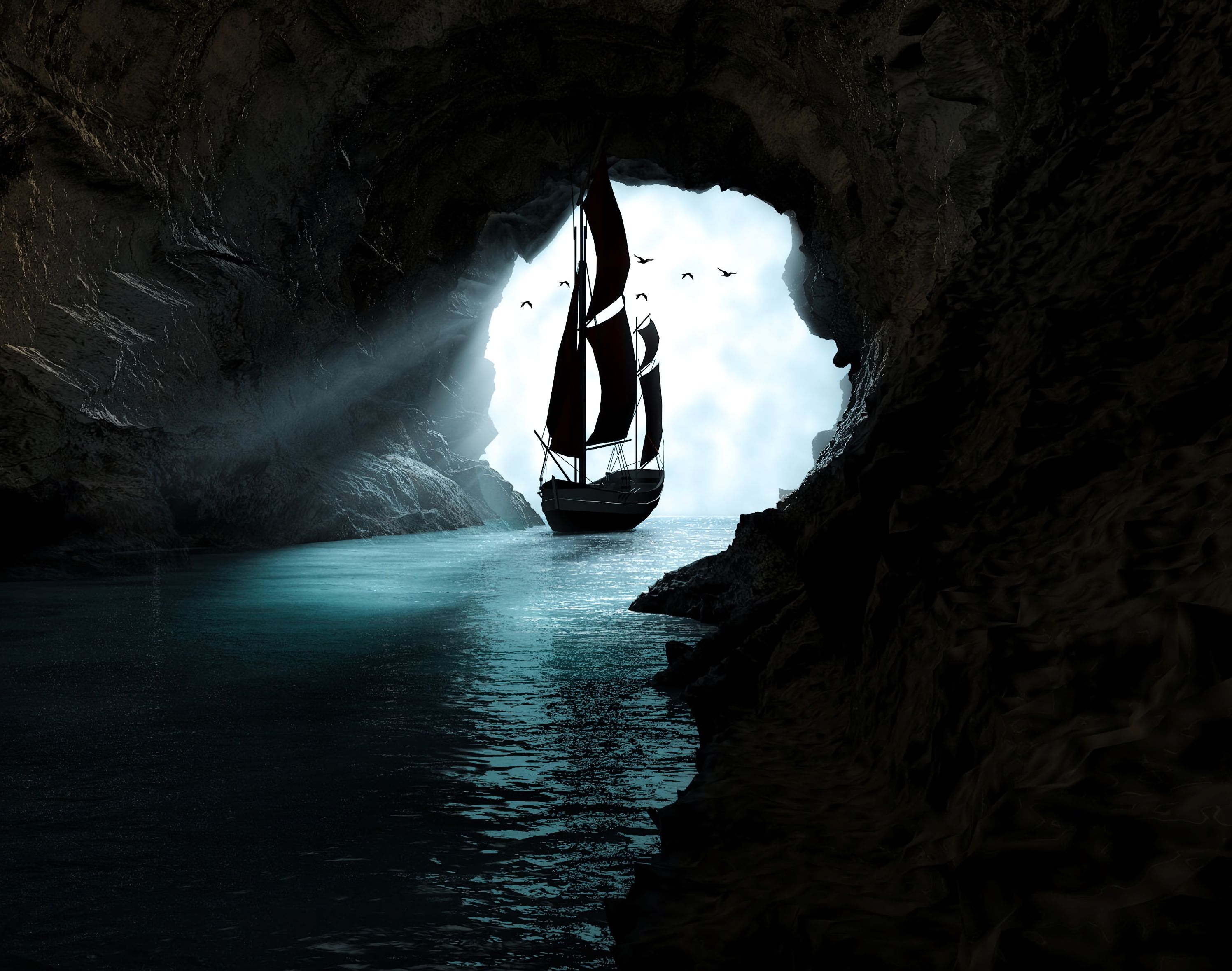dark, boat, water, art, cave 2160p