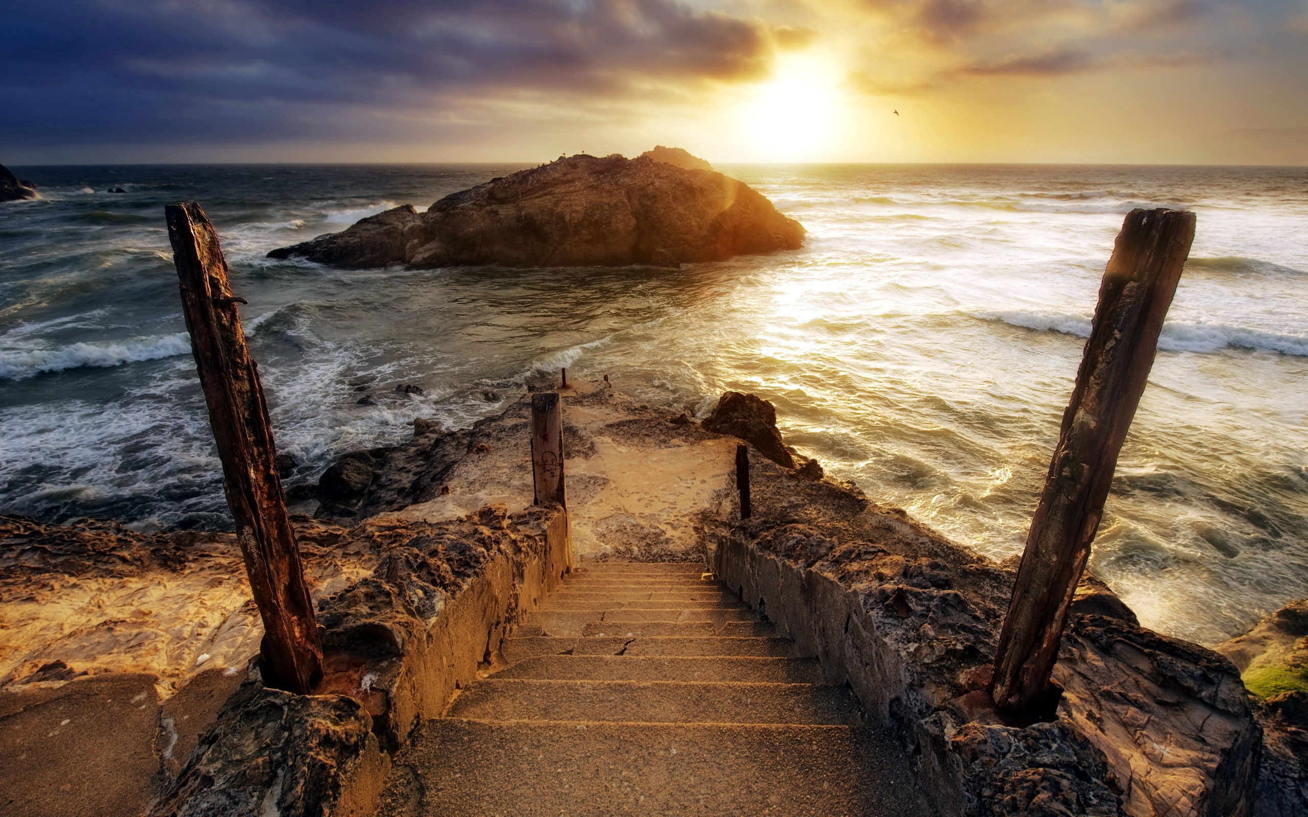 nature, steps, sea, sun, waves, rock, horizon, shine, light, stairs, ladder, foam, mainly cloudy, overcast, descent, pegging, stakes