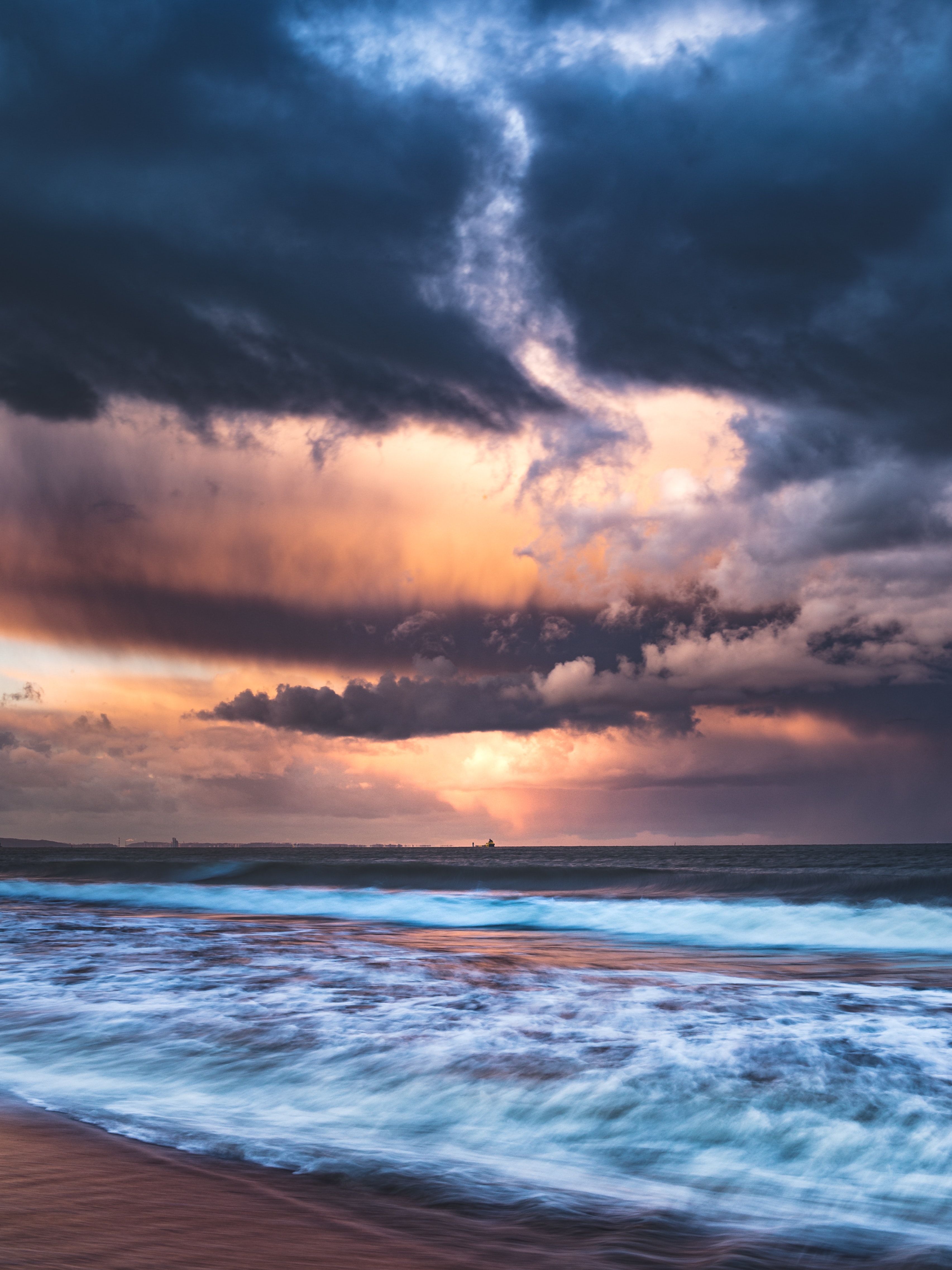 sea, clouds, nature, sunset, twilight, waves, dusk wallpaper for mobile