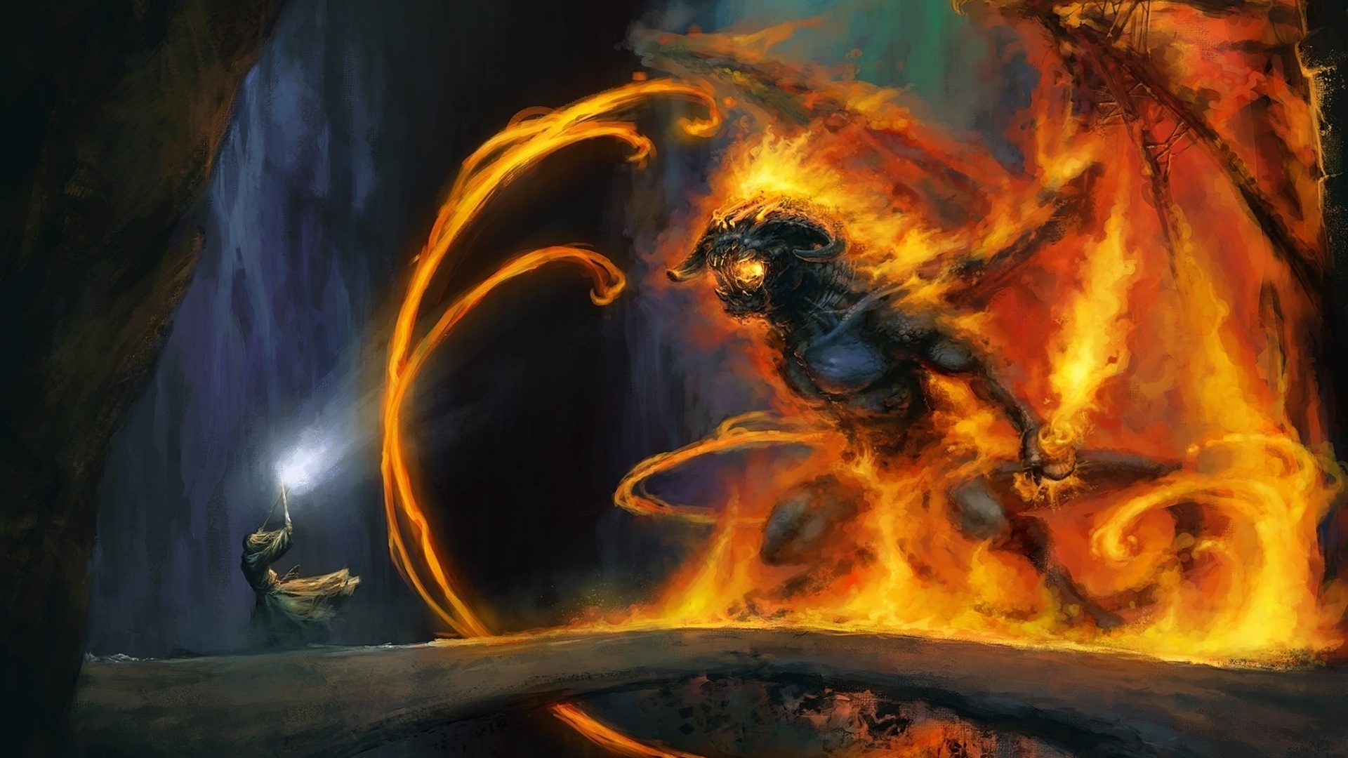 lord of the rings, demon, wizard, fantasy, balrog (lord of the rings), gandalf, painting, the lord of the rings