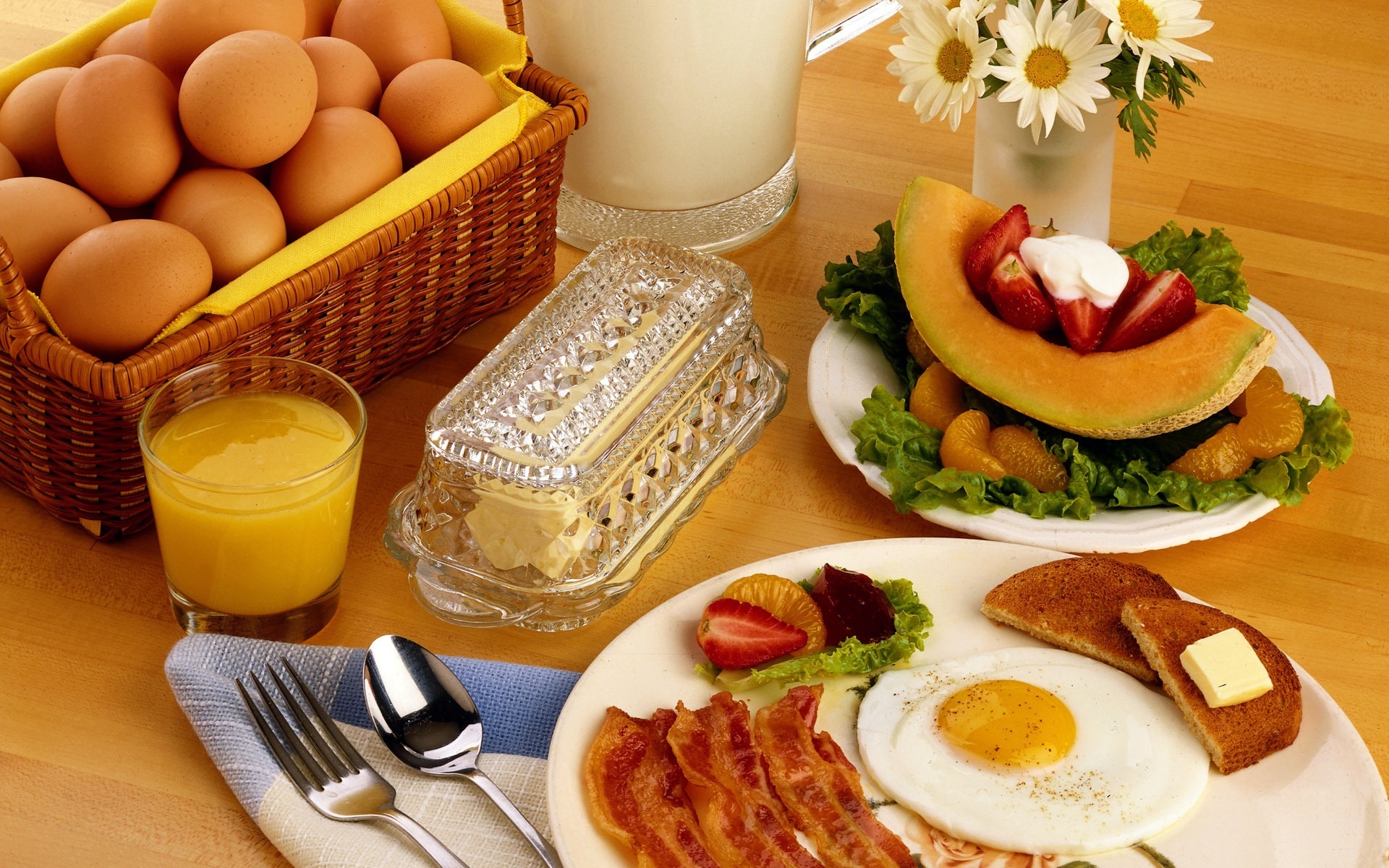 HD wallpaper food, breakfast, basket, butter, egg, fruit, juice, milk, toast